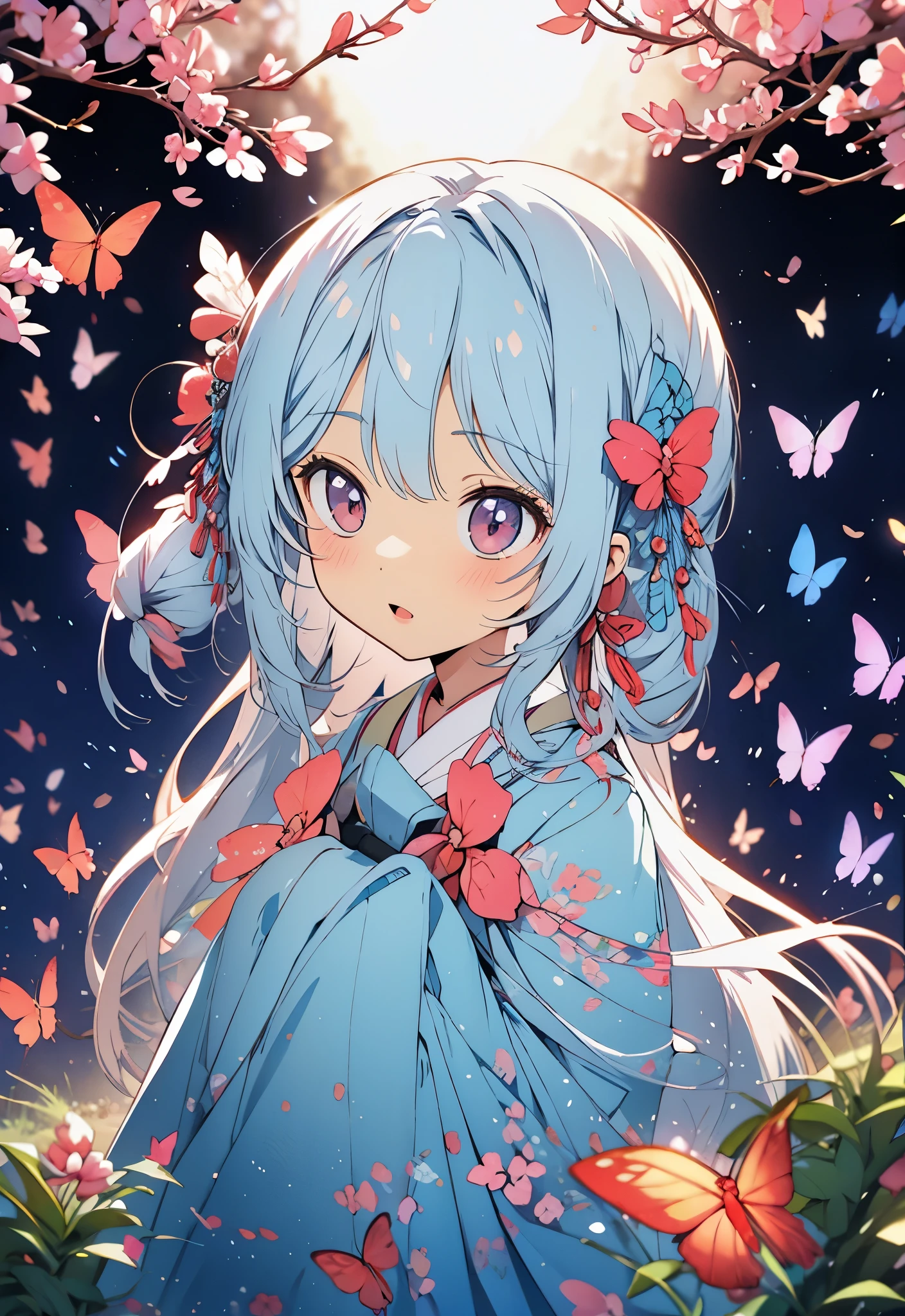  Under the cherry tree, Light blue long hair、Chibi character with twin tails and mom, japanese manga style, Cartoon style illustration, Japanese anime style,  Full color illustrations, 