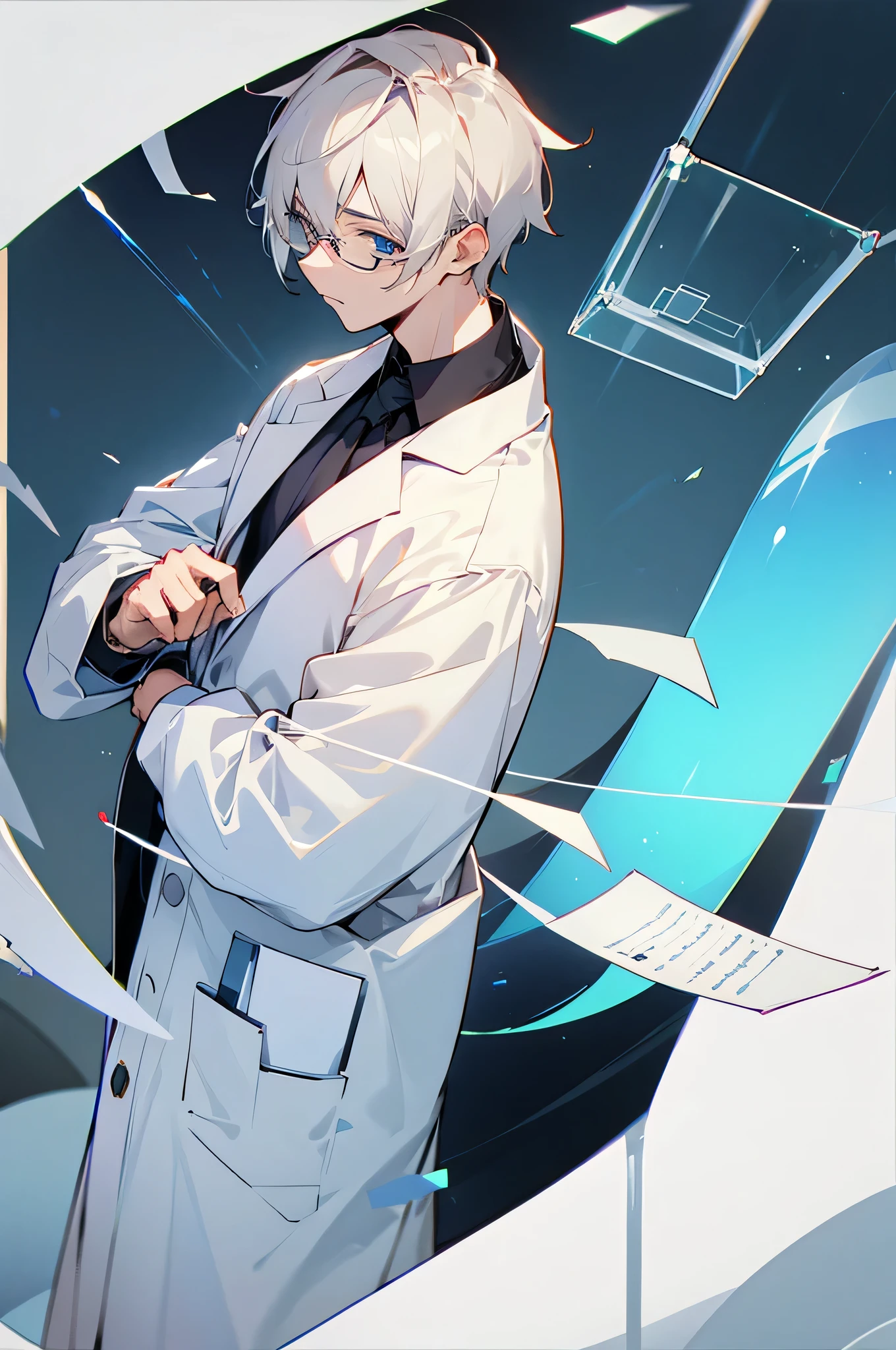 male , scientist, glasses, lab background