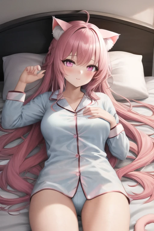 masterpiece, best quality, 1girl, (pink hair, long hair, cat ears, pink eyes:1.2), cute, bedroom, laying down on back, pajamas