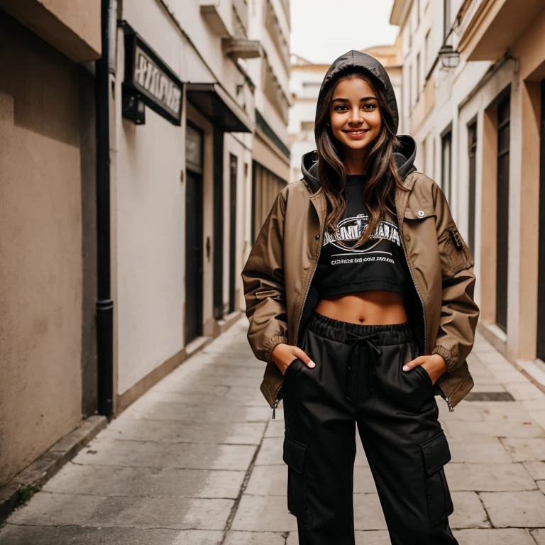 Girl, beautiful, teenager, brown hair, light brown eyes, white crop top, black cargo pants,hooded jacket, with the face of actress Bela Fernandes,Photograph Full body, smile