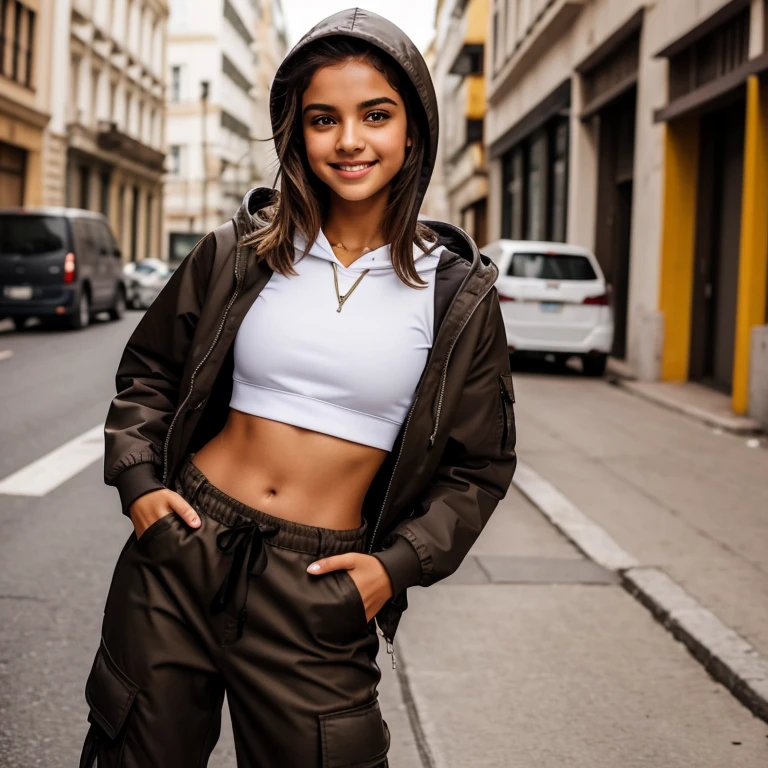 Girl, beautiful, teenager, brown hair, light brown eyes, white crop top, black cargo pants,hooded jacket, with the face of actress Bela Fernandes,Photograph Full body, smile