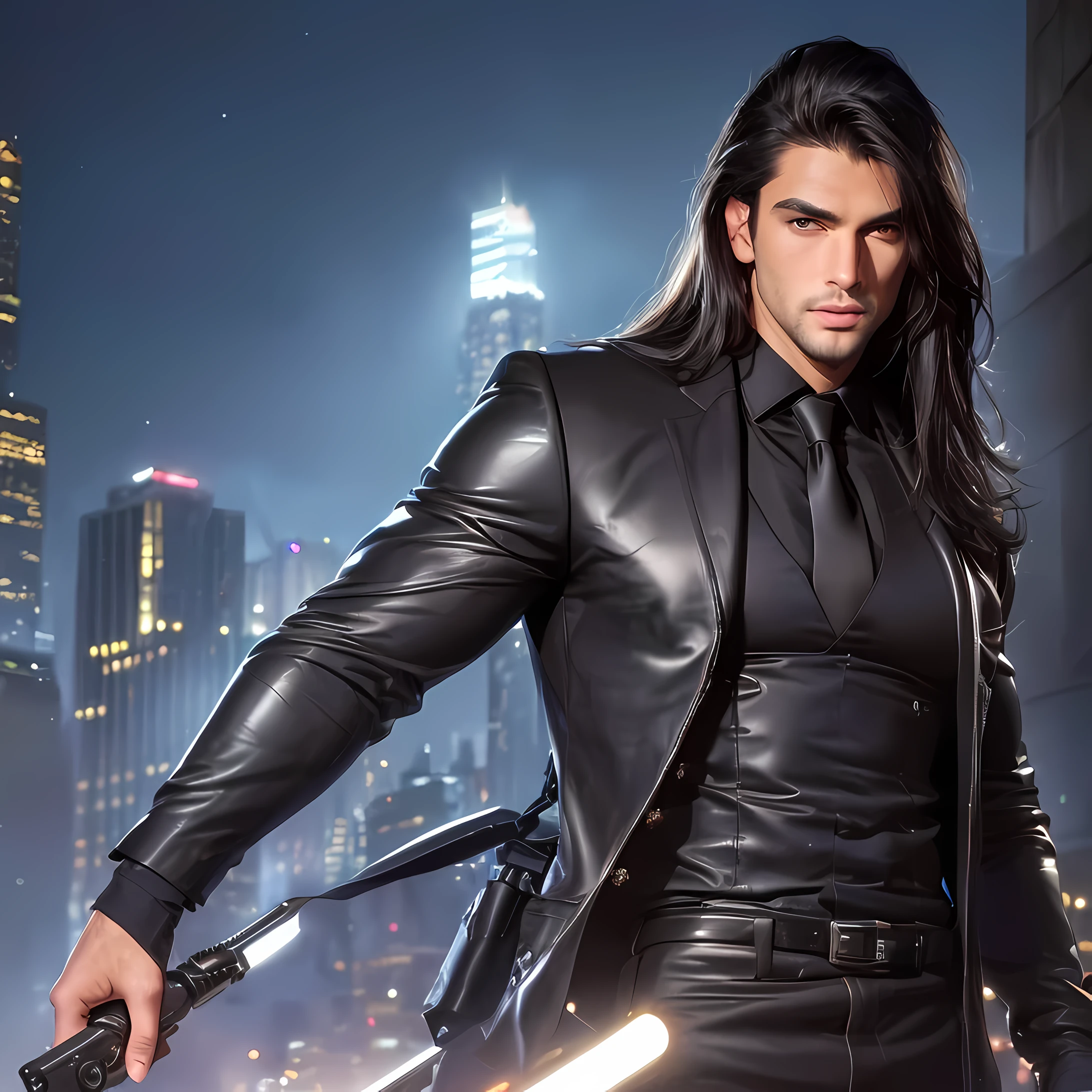 absurdres, highres, ultra detailed, realistic, ), 1 male, solo, adult, mature, tall muscular guy, broad shoulders, handsome, long black hair, brown eyes, angular jaw, thick neck, thick eyebrows, night, dark, the night view of the city background, black bodyguard suit necktie, upper body, using a radio, holdong a weapon, using a rafio talking into it 