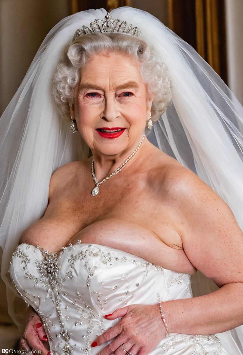 gorgeous queen elizabeth 80yo, red lips, ((spread legs)), (white wedding dress:1.4), veil, pointed nipples, (big breast:1.3), unbuttoned, (hairy vagina:1.3), (grabbing breast:1.3)