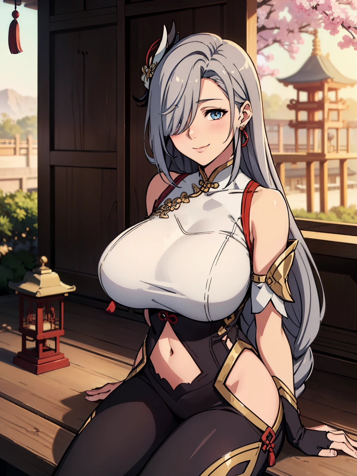 sitting on veranda, earrings, braided hair, puffy sleeves, gold trim, gloves, bodysuit, ((breast curtain)), shoulder cutout, covered navel, hip vent, clothing cutout, tassel, (outdoor), (chinese temple background), ShenheV4, anime cels style, best quality, high resolution, 1girl, (huge breasts:1.2), beautiful face, grey hair, long hair, hair ornament, (hair over one eye), blue eye, cowboy shot, smiling, blushing