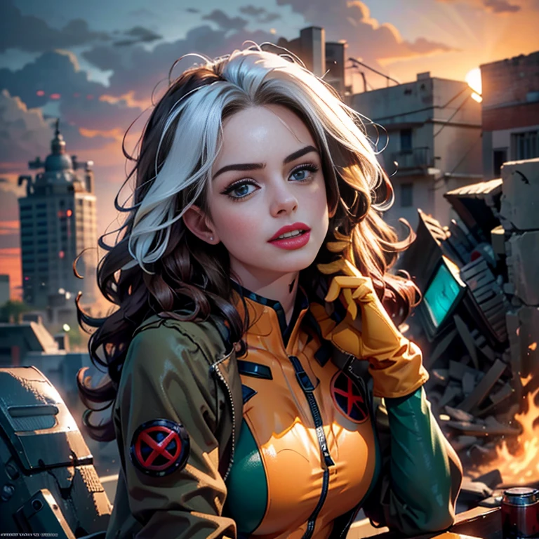 Anne Hathaway、Wet、Full body view, Long Hair, brown hair, Green Eyes, lipstick, compensate, lips,Emphasize cleavage、 sexy、White stripes in hair, like, Wavy Hair, Messy Hair, Curly Hair, middle～Large breasts, Surface Plot, ((Kelli Berglund:Bailee Madison:0.5)), 黄colorのスーツ, Jacket, gloves, belt, gloves amarillos, Green Suit, (Bodysuits:1.4), Traje multicolor, (Superhero:1.4), tight skin, Ropa multicolor, Garden and wisteria background, Official Art, extremely detailed CG 8k wallpaper, Perfect lighting, De color, bright_amount_method_Light, piel bright, (masterpiece:1.0), (Better_quality:1.0), Ultra-high resolution, 4k , Super detailed, Director of Photography, 8k, HDR, Altas ResoLightones, (Disorganized:1.2), Kodak Portrait 400, Film Grain, blurred background, (Bokeh:1.2), Lens flare, (Vibrant_color:1.2), Professional photography, (beautiful_method:1.5),More detailed 8K.Unreal Engine:1.4,Hmm,La Better calidad:1.4, Realistic:1.4, skin temperature:1.4, masterpiece:1.8,masterpiece, Better calidad,Object Object], (Detailed facial features:1.3),(Antesedentes apocalyptic destroyed city:1.4), (Apocalyptic Sunset:1.4)