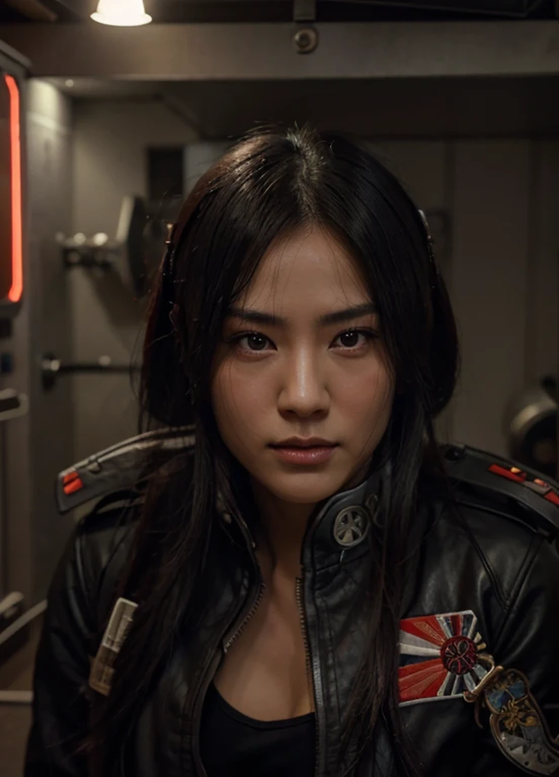 Beautiful adult Japanese woman, Beautiful Japanese face, Black hair with some gray hair, black leather military uniform with Japanese symbols, she is in an advanced bunker, with screens, tubes and red lights, 4k, Ultra detailed, realistic image, Highly detailed, perfect composition, splendid, Intricately detailed, Incredibly detailed, 8 k artistic photography, hyper detailed, Masterpiece, Ultra detailed, hyper realistic, 4k, Ultra detailed image, realistic, Highly detailed, perfect composition, splendid, Intricately detailed, Incredibly detailed, 8K fine art photography, hyper detailed, masterpiece