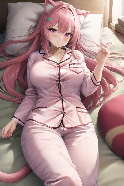 masterpiece, best quality, 1girl, (pink hair, long hair, cat ears, pink eyes:1.2), cute, (bedroom, laying down on back:1.1), (buttoned pajamas:1.2)
