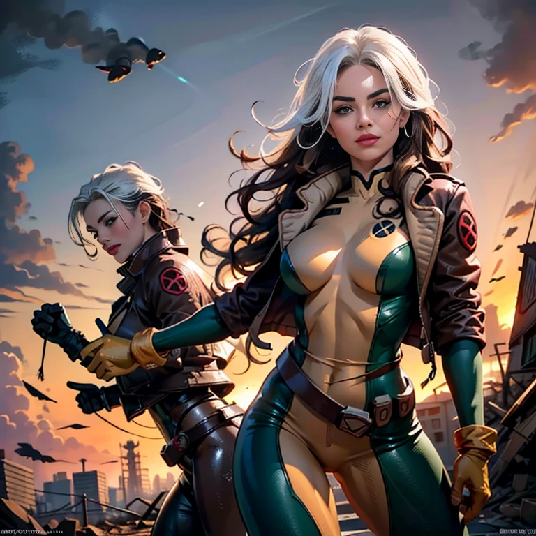 Margot Robbie、Wet、Full body view, Long Hair, brown hair, Green Eyes, lipstick, compensate, lips,Emphasize cleavage、 sexy、White stripes in hair, like, Wavy Hair, Messy Hair, Curly Hair, middle～Large breasts, Surface Plot, ((Kelli Berglund:Bailee Madison:0.5)), 黄colorのスーツ, Jacket, gloves, belt, gloves amarillos, Green Suit, (Bodysuits:1.4), Traje multicolor, (Superhero:1.4), tight skin, Ropa multicolor, Garden and wisteria background, Official Art, extremely detailed CG 8k wallpaper, Perfect lighting, De color, bright_amount_method_Light, piel bright, (masterpiece:1.0), (Better_quality:1.0), Ultra-high resolution, 4k , Super detailed, Director of Photography, 8k, HDR, Altas ResoLightones, (Disorganized:1.2), Kodak Portrait 400, Film Grain, blurred background, (Bokeh:1.2), Lens flare, (Vibrant_color:1.2), Professional photography, (beautiful_method:1.5),More detailed 8K.Unreal Engine:1.4,Hmm,La Better calidad:1.4, Realistic:1.4, skin temperature:1.4, masterpiece:1.8,masterpiece, Better calidad,Object Object], (Detailed facial features:1.3),(Antesedentes apocalyptic destroyed city:1.4), (Apocalyptic Sunset:1.4)