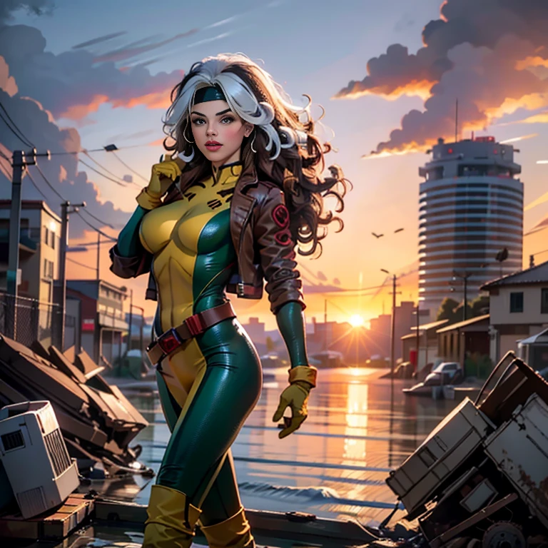 Margot Robbie、Wet、Full body view, Long Hair, brown hair, Green Eyes, lipstick, compensate, lips,Emphasize cleavage、 sexy、White stripes in hair, like, Wavy Hair, Messy Hair, Curly Hair, middle～Large breasts, Surface Plot, ((Kelli Berglund:Bailee Madison:0.5)), 黄colorのスーツ, Jacket, gloves, belt, gloves amarillos, Green Suit, (Bodysuits:1.4), Traje multicolor, (Superhero:1.4), tight skin, Ropa multicolor, Garden and wisteria background, Official Art, extremely detailed CG 8k wallpaper, Perfect lighting, De color, bright_amount_method_Light, piel bright, (masterpiece:1.0), (Better_quality:1.0), Ultra-high resolution, 4k , Super detailed, Director of Photography, 8k, HDR, Altas ResoLightones, (Disorganized:1.2), Kodak Portrait 400, Film Grain, blurred background, (Bokeh:1.2), Lens flare, (Vibrant_color:1.2), Professional photography, (beautiful_method:1.5),More detailed 8K.Unreal Engine:1.4,Hmm,La Better calidad:1.4, Realistic:1.4, skin temperature:1.4, masterpiece:1.8,masterpiece, Better calidad,Object Object], (Detailed facial features:1.3),(Antesedentes apocalyptic destroyed city:1.4), (Apocalyptic Sunset:1.4)