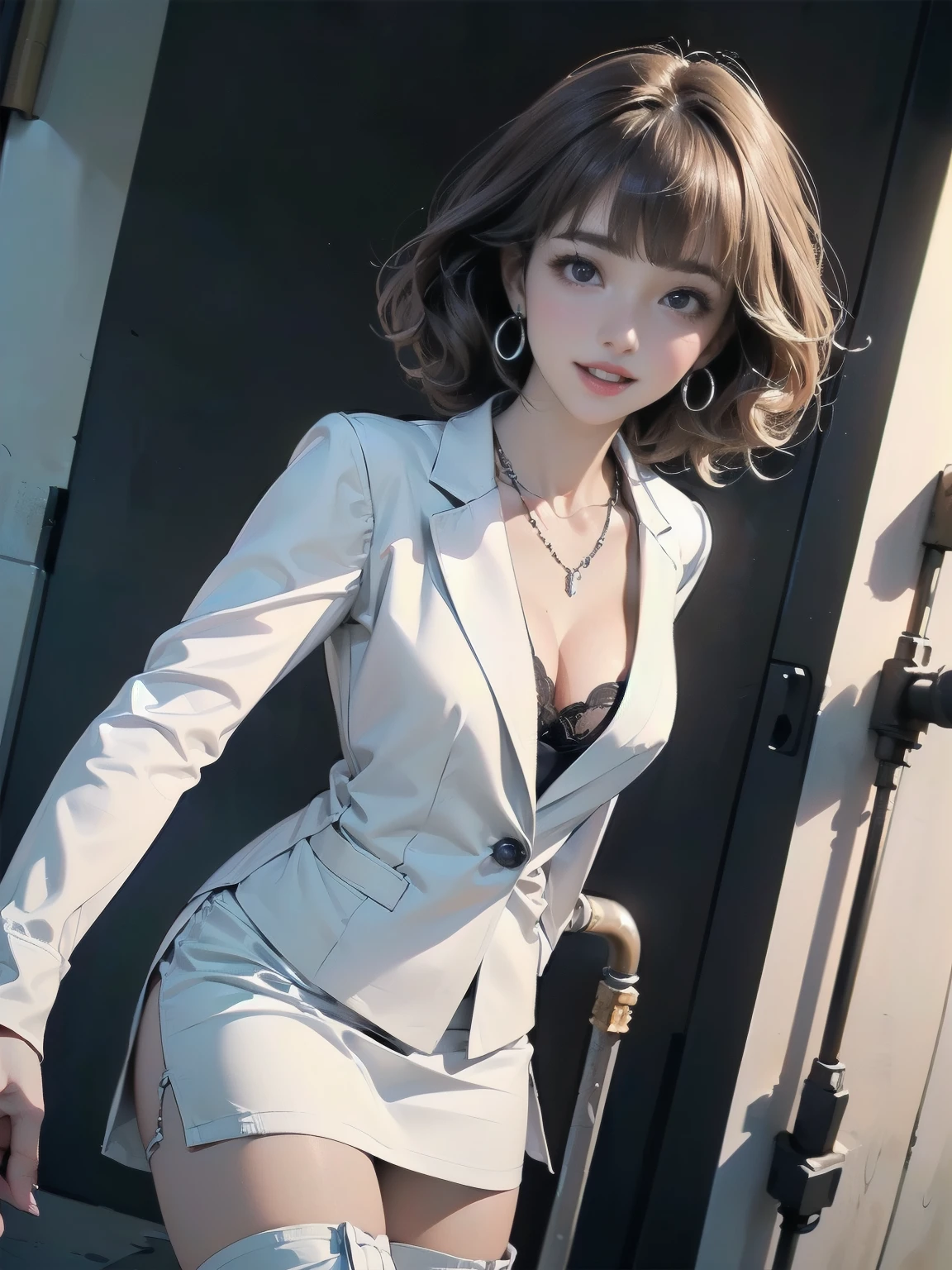 ((((highest quality))))、(((Ultra-precision CG16K wallpaper)))、(((masterpiece)))、(((Super detailed)))、(((Extreme detail)))、((1Mature 24 year old woman:1.3))、((Very beautiful Japanese faces))、((Shiraishi Mai:1.3))、((Soft Wave Medium Hair、blunt bangs:1.5))、(Shiny brown hair)、Beautiful delicate eyes、eyeliner、eye shadow、Brown eyes、High nose、Small nostrils、Small Mouth、Seductive lips、Beautiful breasts、((C cup size breasts))、Cleavage、Voluptuous body、Perfect proportions、Perfect Anatomy、Perfect composition、Beautiful detailed shading、Beautiful, natural lighting、Beautiful detail glow、Depth of written boundary、(((High chroma)))、(((Real:1.9)))、((vivid:1.5))、((Beautiful Skin))、((Skin Texture))、((Realな皮膚感))、(((Cowboy Shot:1.6)))、((Front view、Front low angle:1.5))、((Surprised face with open mouth:1.2))、(The woman is facing this way:1.5)、Bright daylight、Natural light、(((factory、Precision machinery、iron pipe、Piping:1.5)))、(Walking pose:1.5)、(((White business suit、White slit miniskirt clothing:1.6)))、((Earrings、Wearing a necklace:1.3))、(((Wearing white knee-high boots:1.6)))、