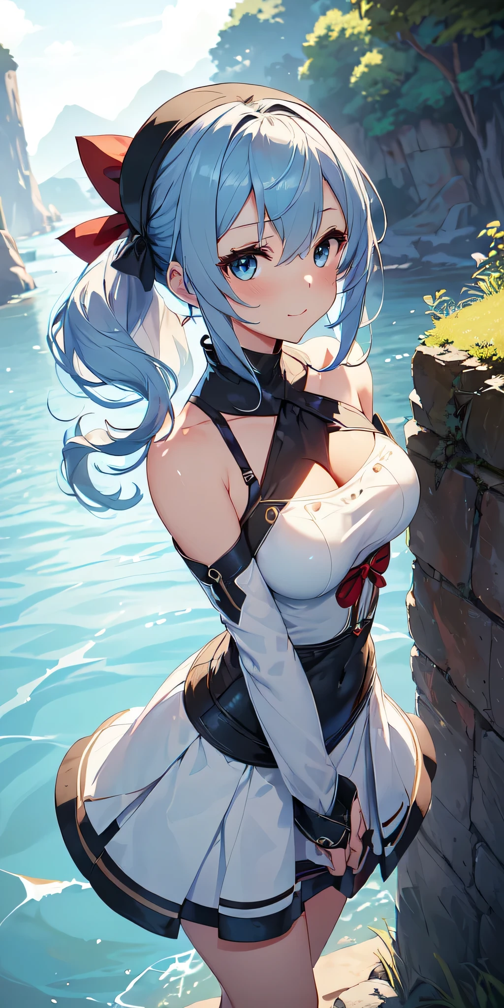 All the intricate details: "(a girl from the video game: (Genshin Impact,
character Furina) with a very short dress and a long skirt standing next to a kind of stone wall with stars, 1 girl view, long hair, (furina), alone, gloves, smile, red eyes, fingerless gloves, black gloves, look to the viewer, hair decoration, bare shoulders, bangs, water, closed mouth, hair between eyes, blue eyes, blue hair, white hair, highlighted hair, gloves, hat, white gloves, blue hats, ahoge, black gloves, long sleeves, ascot, jewelry, brooch, black hats, ruffles, random sexy pose, low angle, see tanga)"