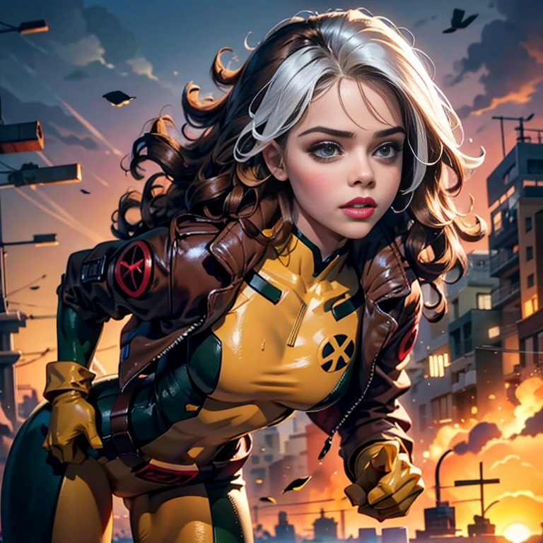 Chloe Grace Moretz、Wet、Full body view, Long Hair, brown hair, Green Eyes, lipstick, compensate, lips,Emphasize cleavage、 sexy、White stripes in hair, like, Wavy Hair, Messy Hair, Curly Hair, middle～Large breasts, Surface Plot, ((Kelli Berglund:Bailee Madison:0.5)), 黄colorのスーツ, Jacket, gloves, belt, gloves amarillos, Green Suit, (Bodysuits:1.4), Traje multicolor, (Superhero:1.4), tight skin, Ropa multicolor, Garden and wisteria background, Official Art, extremely detailed CG 8k wallpaper, Perfect lighting, De color, bright_amount_method_Light, piel bright, (masterpiece:1.0), (Better_quality:1.0), Ultra-high resolution, 4k , Super detailed, Director of Photography, 8k, HDR, Altas ResoLightones, (Disorganized:1.2), Kodak Portrait 400, Film Grain, blurred background, (Bokeh:1.2), Lens flare, (Vibrant_color:1.2), Professional photography, (beautiful_method:1.5),More detailed 8K.Unreal Engine:1.4,Hmm,La Better calidad:1.4, Realistic:1.4, skin temperature:1.4, masterpiece:1.8,masterpiece, Better calidad,Object Object], (Detailed facial features:1.3),(Antesedentes apocalyptic destroyed city:1.4), (Apocalyptic Sunset:1.4)