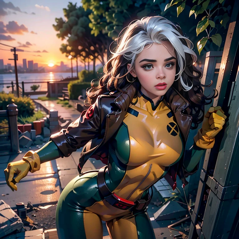 Chloe Grace Moretz、Wet、Full body view, Long Hair, brown hair, Green Eyes, lipstick, compensate, lips,Emphasize cleavage、 sexy、White stripes in hair, like, Wavy Hair, Messy Hair, Curly Hair, middle～Large breasts, Surface Plot, ((Kelli Berglund:Bailee Madison:0.5)), 黄colorのスーツ, Jacket, gloves, belt, gloves amarillos, Green Suit, (Bodysuits:1.4), Traje multicolor, (Superhero:1.4), tight skin, Ropa multicolor, Garden and wisteria background, Official Art, extremely detailed CG 8k wallpaper, Perfect lighting, De color, bright_amount_method_Light, piel bright, (masterpiece:1.0), (Better_quality:1.0), Ultra-high resolution, 4k , Super detailed, Director of Photography, 8k, HDR, Altas ResoLightones, (Disorganized:1.2), Kodak Portrait 400, Film Grain, blurred background, (Bokeh:1.2), Lens flare, (Vibrant_color:1.2), Professional photography, (beautiful_method:1.5),More detailed 8K.Unreal Engine:1.4,Hmm,La Better calidad:1.4, Realistic:1.4, skin temperature:1.4, masterpiece:1.8,masterpiece, Better calidad,Object Object], (Detailed facial features:1.3),(Antesedentes apocalyptic destroyed city:1.4), (Apocalyptic Sunset:1.4)