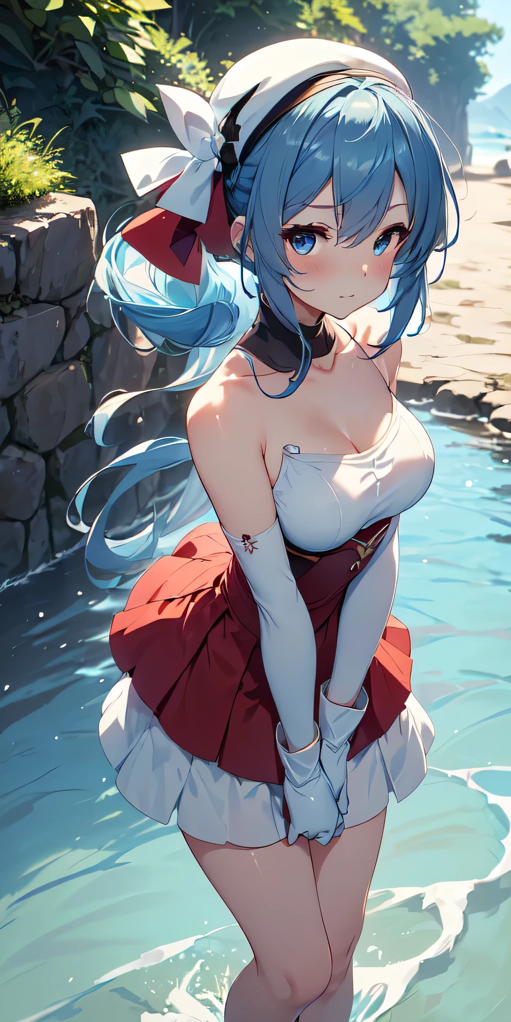 4k,hight resolution,One Woman,Bright blue hair,Short ponytail,huge tit,shrine maiden,White and blue priestess outfit,Pearl decoration,Seashell decoration,jewel decorations,Undersea background,Underwater background