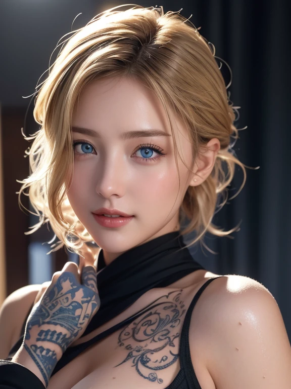 best quality, masterpiece, high resolution, A girl, blond, Blue eyes, fashion clothing, necklace, jewelry, Pretty Face, Perfect breasts, more than_Body, Tyndall effect, lifelike, Dark Studio, Side lighting, Two-color lighting, (HD Skin:1.2), 8k Ultra HD, SLR camera, Soft Light, high quality, Volumetric Lighting, frank, Octane Render, photography, high resolution, 4K, 8k, Bokeh,
