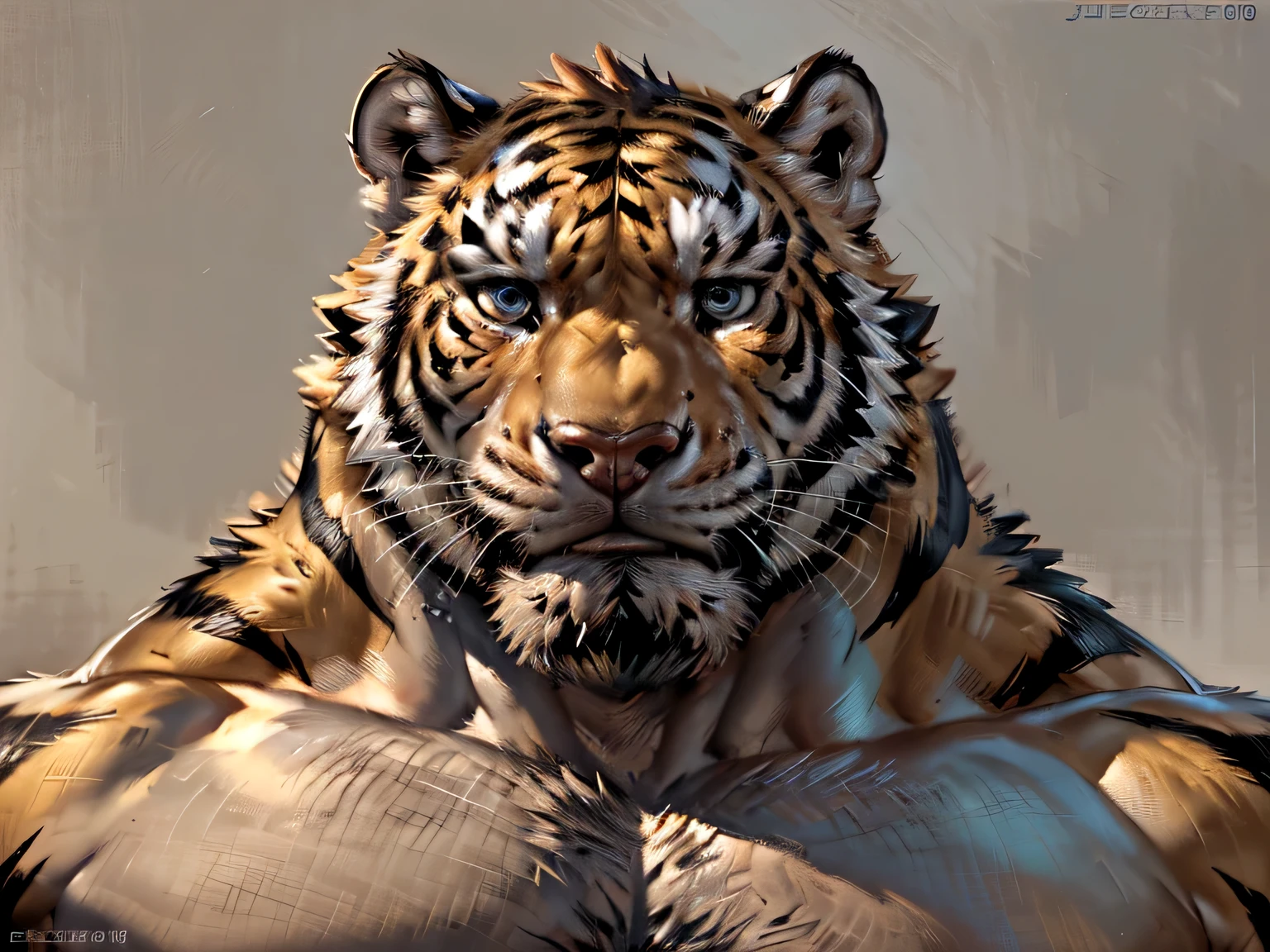 A male, masculine human tiger with big chest muscle, beard in face, sexy pose,  sexy shadows, (by echin, by Taran Fiddler, by takemoto arashi, by Traver009, by Juiceps), (detailed eyes:1.2), impressive physique, struggling, bothered face, exhausted, detailed eyes, looking at camera, (close-up):1