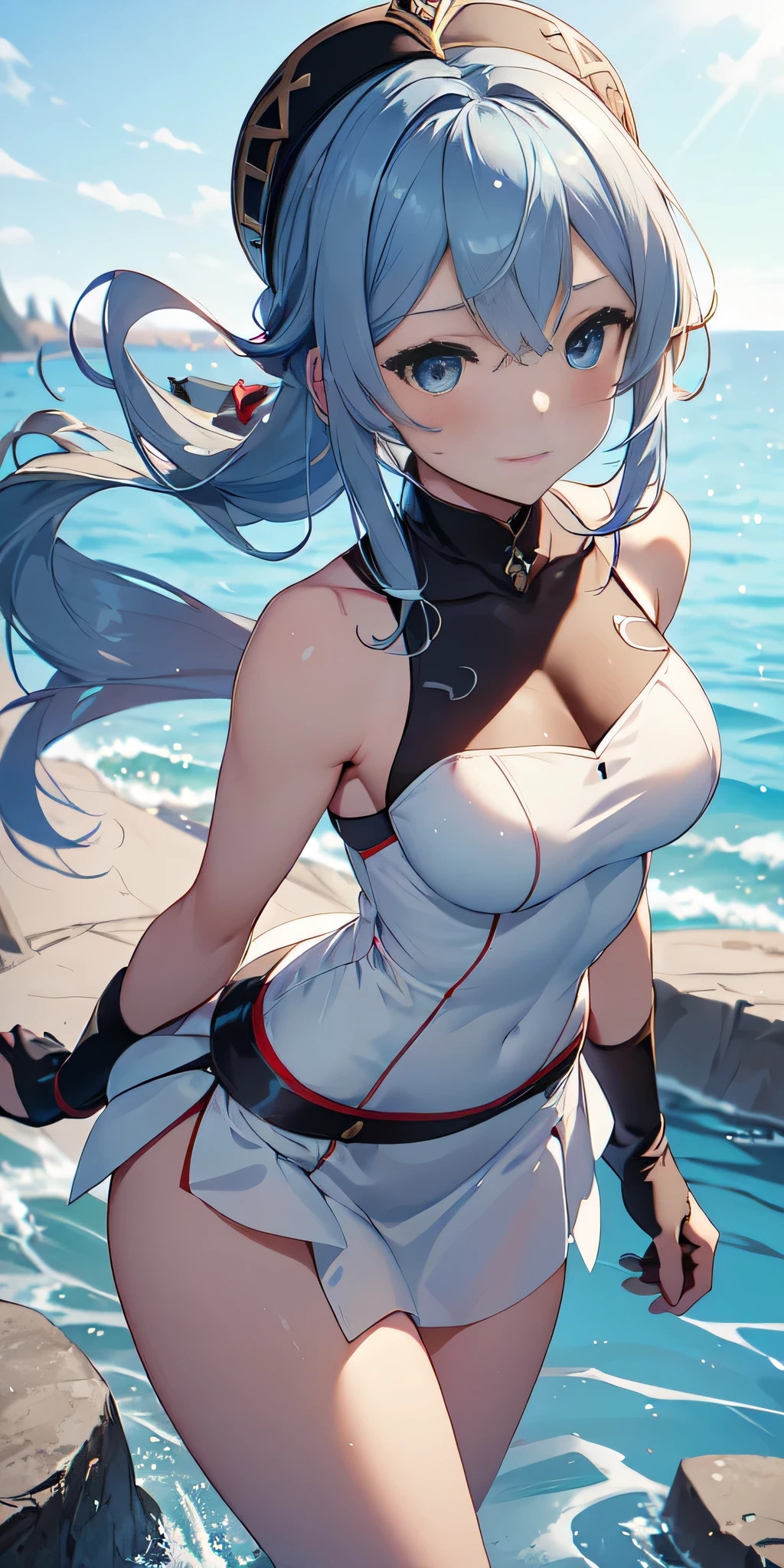 All the intricate details: "(a girl from the video game: (Genshin Impact,
character Furina) with a very short dress and a long skirt standing next to a kind of stone wall with stars, 1 girl view, long hair, (furina), alone, gloves, smile, red eyes, fingerless gloves, black gloves, look to the viewer, hair decoration, bare shoulders, bangs, water, closed mouth, hair between eyes, blue eyes, blue hair, white hair, highlighted hair, gloves, hat, white gloves, blue hats, ahoge, black gloves, long sleeves, ascot, jewelry, brooch, black hats, ruffles, random sexy pose, low angle, see tanga)"