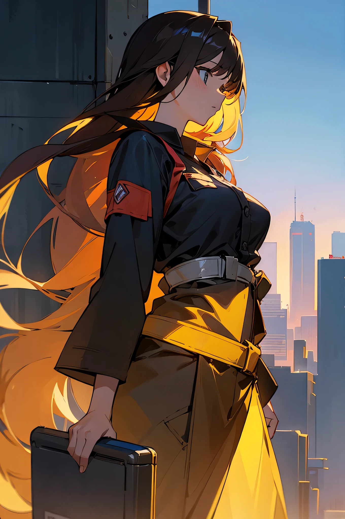 Female, mechanic, city background, long hair