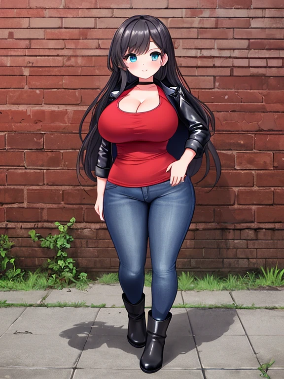 ((Masterpiece)), ((best quality)), (Best lighting), (perfect shadows), ((Solo)), (Perfectly detailed), (Accurate Details), (accurately scaled), (Perfect skeletal structure), Cute Girl, 30 years old adult, oversized breasts, Long Brunette hair, Beautiful Blue eyes, (enormously Massive Gigantic breasts), wide hips, large thighs, decently muscular, and a short curvy stature. Wearing a worn Black Leather Jacket, a (mild cleavage, Red shirt), heavily worn Dark-Blue Jeans, and Grey Boots. Standing against an old Brick-wall in a big city.