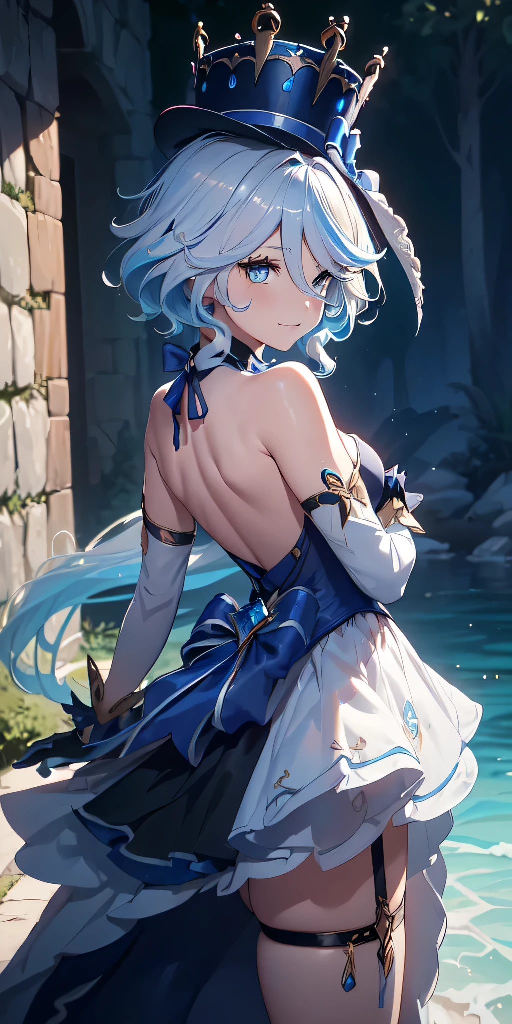 All the intricate details: "(a girl from the video game: (Genshin Impact,
character Furina) with a short dress and a long skirt standing next to a kind of stone wall with stars, 1 girl view, long hair, (furina), alone, gloves, smile, red eyes, fingerless gloves, black gloves, look to the viewer, hair decoration, bare shoulders, bangs, water, closed mouth, hair between eyes, blue eyes, blue hair, white hair, highlighted hair, gloves, hat, white gloves, blue hats, ahoge, black gloves, long sleeves, ascot, jewelry, brooch, black hats, ruffles, random very sexy pose, low angle, see tanga, ass shot)"