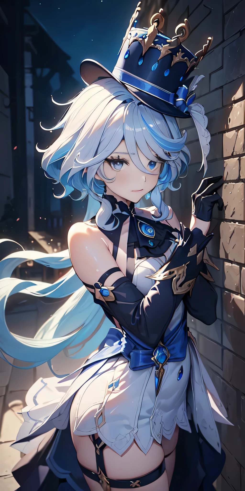 All the intricate details: "(a girl from the video game: (Genshin Impact,
character Furina) with a short dress and a long skirt standing next to a kind of stone wall with stars, 1 girl view, long hair, (furina), alone, gloves, smile, red eyes, fingerless gloves, black gloves, look to the viewer, hair decoration, bare shoulders, bangs, water, closed mouth, hair between eyes, blue eyes, blue hair, white hair, highlighted hair, gloves, hat, white gloves, blue hats, ahoge, black gloves, long sleeves, ascot, jewelry, brooch, black hats, ruffles, random very sexy pose, low angle, see tanga, ass shot)"