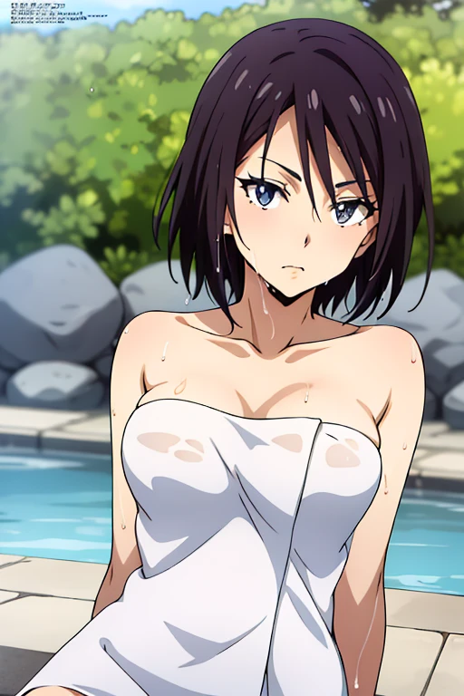 (anime cels style, Masterpiece, best quality, high resolution, anime colored, megami magazine:1.2, anime poster style, anime keyvisual, sharp, 8k, photorealistic), (beautiful eyes:1.5), sakaguchihinata\(ttigraas\), 1girl, cute, black hair, very short hair, large breast, cleavage, nude, (wet Naked towel:1.5), (upper body, sitting), (perfect detailed anatomy, perfect arms, perfect fingers, beautiful face, perfect body, shiny skin), onsen,
