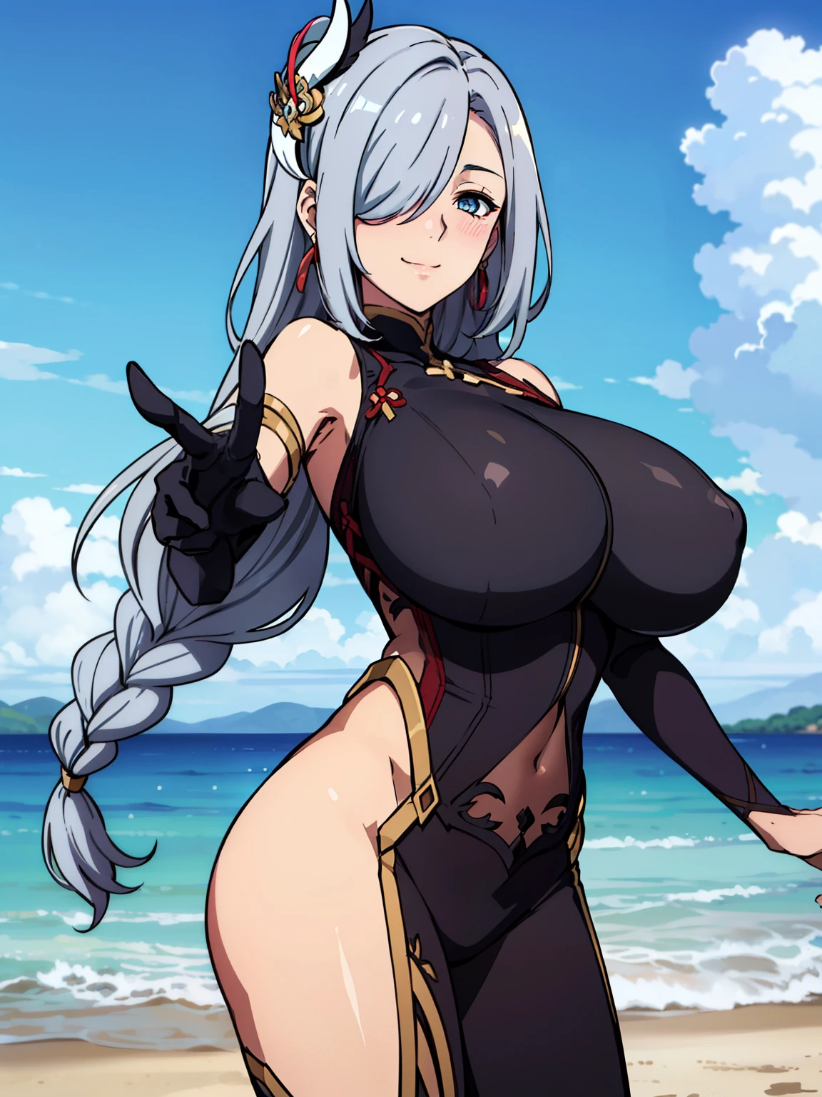 standing, lifting both hands, stretcing pose, earrings, braided hair, bodysuit, hip vent, (beach background), ShenheV4, anime cels style, best quality, high resolution, 1girl, (huge breasts:1.2), beautiful face, grey hair, long hair, hair ornament, (hair over one eye), blue eye, cowboy shot, smiling, blushing