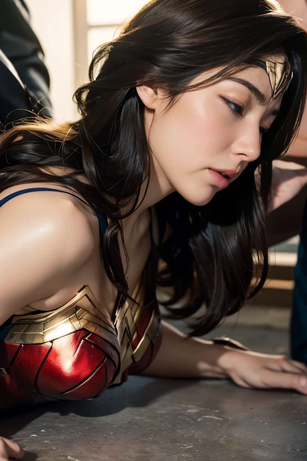 From the side,perfect wonder woman costume,Get on all fours,sleeping face,Close ~ eyes,Open your mouth,Tired face,Face of Suffering,sky face,sleeping face,Fight with the men,Surrounded by men,,caught between men,obsessed with men,Entanglement with men, Attacked by men,assaulted by men,Being bullied by a man,Sexually abused by a man,Captured by a man,Being restrained by a man、touch your face,、Hair is pulled hard,My head is grabbed,licked my hair,lick my face,brown hair, masterpiece、beautiful girl、fine 目、puffy eyes、highest quality, 超High resolution, (reality: 1.4), Cinema Lighting,so beautiful、Beautiful Skin、(超reality的な)、(High resolution)、(8k)、(Very detailed)、(beautiful and fine 目)、(Very detailed)、 Detailed face、slanted bangeshi hair、brown hair、20-year-old、Wonder Woman Cosplay,Wonder Woman's Tiara