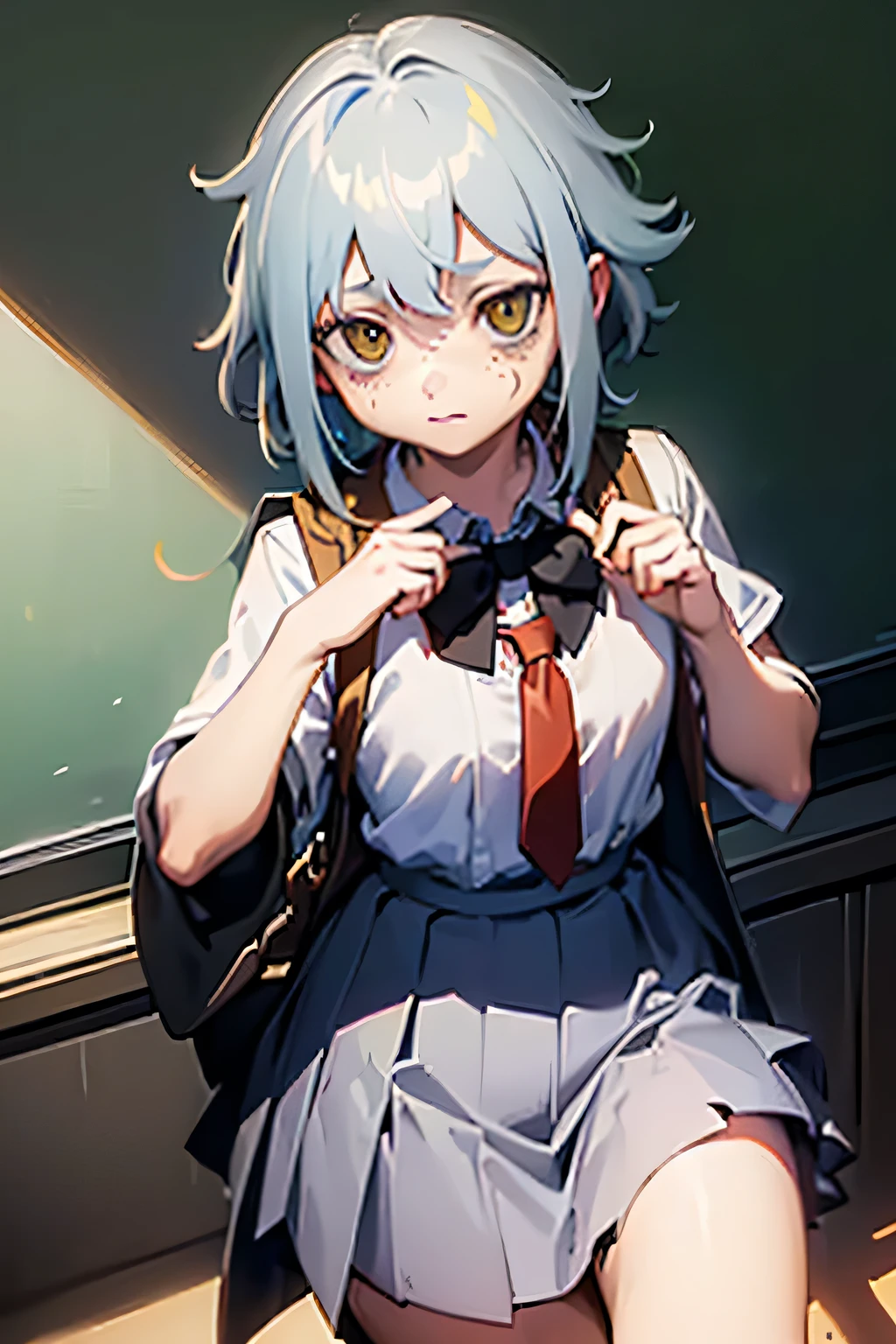 (((young woman with fair skin, tan lines: 1.3)), , freckles on her face, freckles, black eyes, long hair, messy hair, white hair,white hair, happy white hair, well dressed, tired face, tired eyes, dark circles, NEET girl, close-up, face only, (school clothes, school coat, Japanese school skirt), girl, Details of esooar Japanese clothes are visible, The skin with bronze marks is vibrant, highlighting her cute appearance , he is young, about 20 years old, has a green, pointed tip, intelligent but diminutive and threatening face, Japanese school, standing in the school corridor, side view, (Handsome face, normal red nose, face of a magic adept , young face), The color palette is dominated by earth tones, (ultra-detailed: 1.3), beautiful detailed glow, finely detailed, (dynamic pose: 1.0), (centered, scale to fit dimensions, rule of thumb thirds), ((bright room, sunny day, Japanese school, classroom,) ), setting: 1.25, complex setting, ((school, school)), ornaments (school)), high resolution, sharp focus, (ultra detailed, extremely detailed), (photorealistic art: 1.37), (extremely detailed 8k CG unit wallpaper), (((vibrant colors, vibrant theme))), (intricate), (art), (best quality), Art photography, (photograph taken by sldr), (complex background), perfect rendered face, perfect face details, realistic face, realistic photo, ((intricate details)),(((realism))