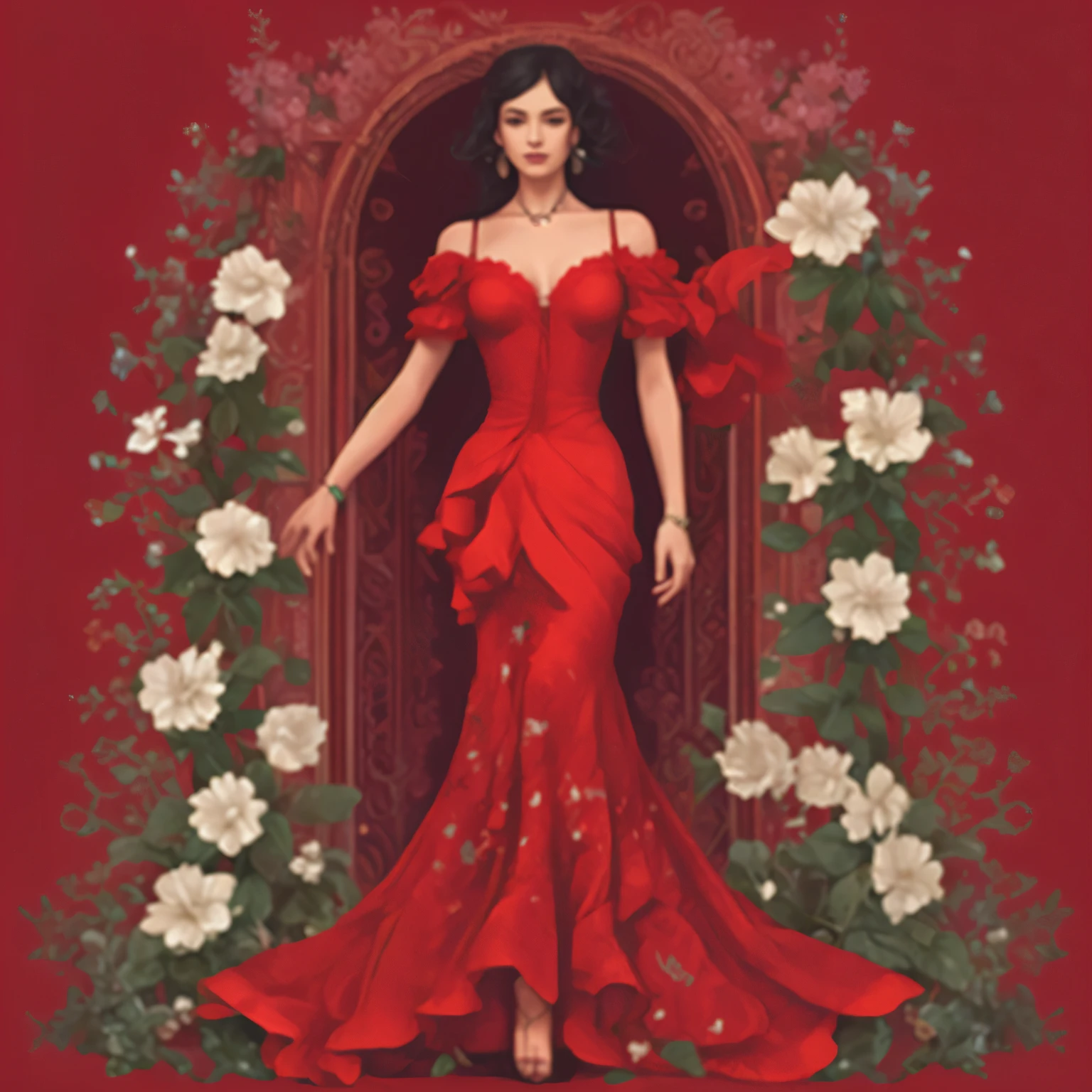 magazine cover, title: "heart of a lady", red letters, 1 woman, young, dressed in a long evening dress, red dress, extravagant dress, looking at a water fountain, statue in the center of the fountain, statue of a naked woman, gold statue, light background, interior, photorealistic, ultra detailed, 8k