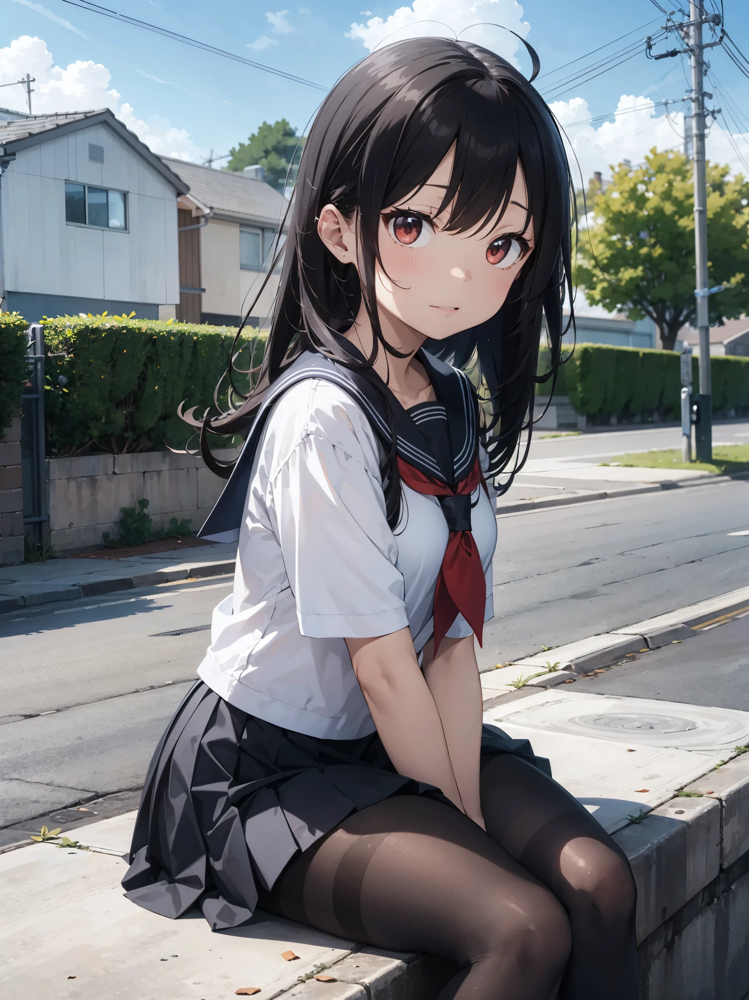 ((masterpiece, highest quality)),girl, alone, skirt, null, Sitting, pantyhose, serafuku, cloud,Outdoor, neckerchief ,Day, bangs, fence, shirt, Ahoge, rooftop, Long Hair, black pantyhose,Black Hair, white , white Sailor collar,Red eyes, Sailor collar, white skirt, white serafuku blue null,white shirt, View your viewers, Mouth closed,chain-link fence, white skirt, cloudy null, trash can, Pleats,no shoes