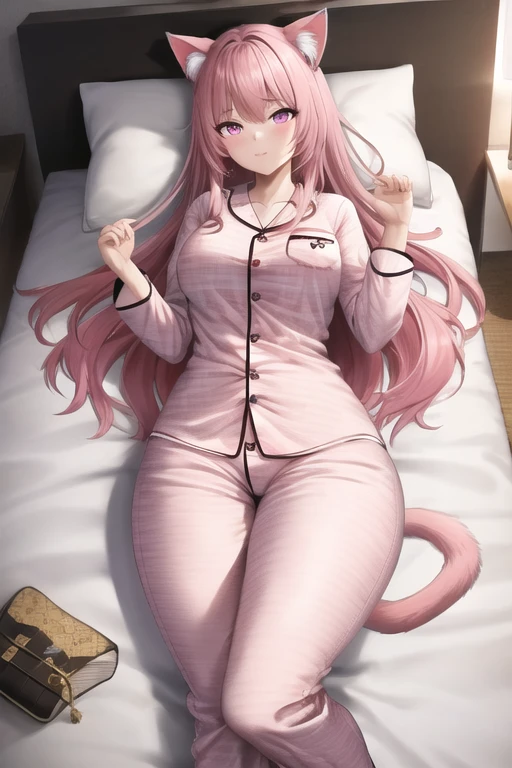 masterpiece, best quality, 1girl, (pink hair, long hair, cat ears, pink eyes:1.2), cute, (bedroom, laying down on back:1.1), (buttoned pajamas:1.2), (curvy, slim waist, thick thighs:1.1)