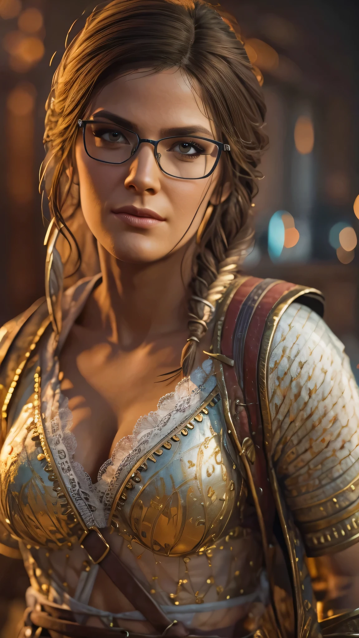 (best quality,4k,8k,highres,masterpiece:1.2),ultra-detailed,(realistic,photorealistic,photo-realistic:1.37),HDR,physically-based rendering,professional,vivid colors,Kassandra Assassin's Creed,beautiful detailed lips,beautiful detailed eyes,long eyelashes,extremely detailed face,super detailed lighting, business outfit,seductive pose,  reading glasses. 