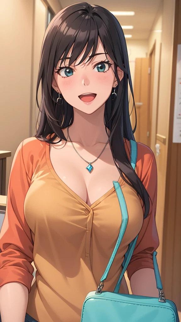 masterpiece, best quality, high resolution, UHD, RTX, pixel perfect, depth of field, 4k, highly detailed, 1 girl, single, solo, beautiful anime girls, beautiful art style, anime characters, long hair, parted bangs, middle part bangs hair, dark black hair, green eyes:1.4, round eyes, beautiful eyelashes, realistic eyes, detailed face, blush:1.2, fine texture:0.75, realistic texture:0.65, photorealistic:1.1, CG anime style, bright color, breasts medium, dynamic angle, perfect body, first point of view, dynamic pose, looking at viewer, wearing red checkered shirt, white t-shirt under red shirt, blue jeans, bra visible through t-shirt, fashionable, single handbag, 1 diamond necklace , cute earrings, warm smile, open mouth, shy, office space, leaning forward