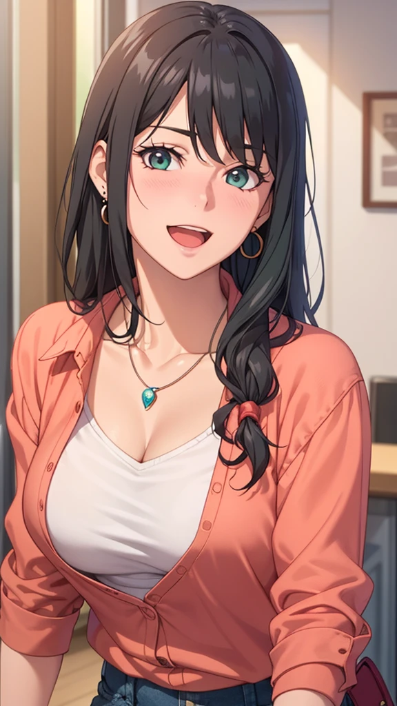 masterpiece, best quality, high resolution, UHD, RTX, pixel perfect, depth of field, 4k, highly detailed, 1 girl, single, solo, beautiful anime girls, beautiful art style, anime characters, long hair, parted bangs, middle part bangs hair, dark black hair, green eyes:1.4, round eyes, beautiful eyelashes, realistic eyes, detailed face, blush:1.2, fine texture:0.75, realistic texture:0.65, photorealistic:1.1, CG anime style, bright color, breasts medium, dynamic angle, perfect body, first point of view, dynamic pose, looking at viewer, wearing red checkered shirt, white t-shirt under red shirt, blue jeans, bra visible through t-shirt, fashionable, single handbag, 1 diamond necklace , cute earrings, warm smile, open mouth, shy, office space, leaning forward