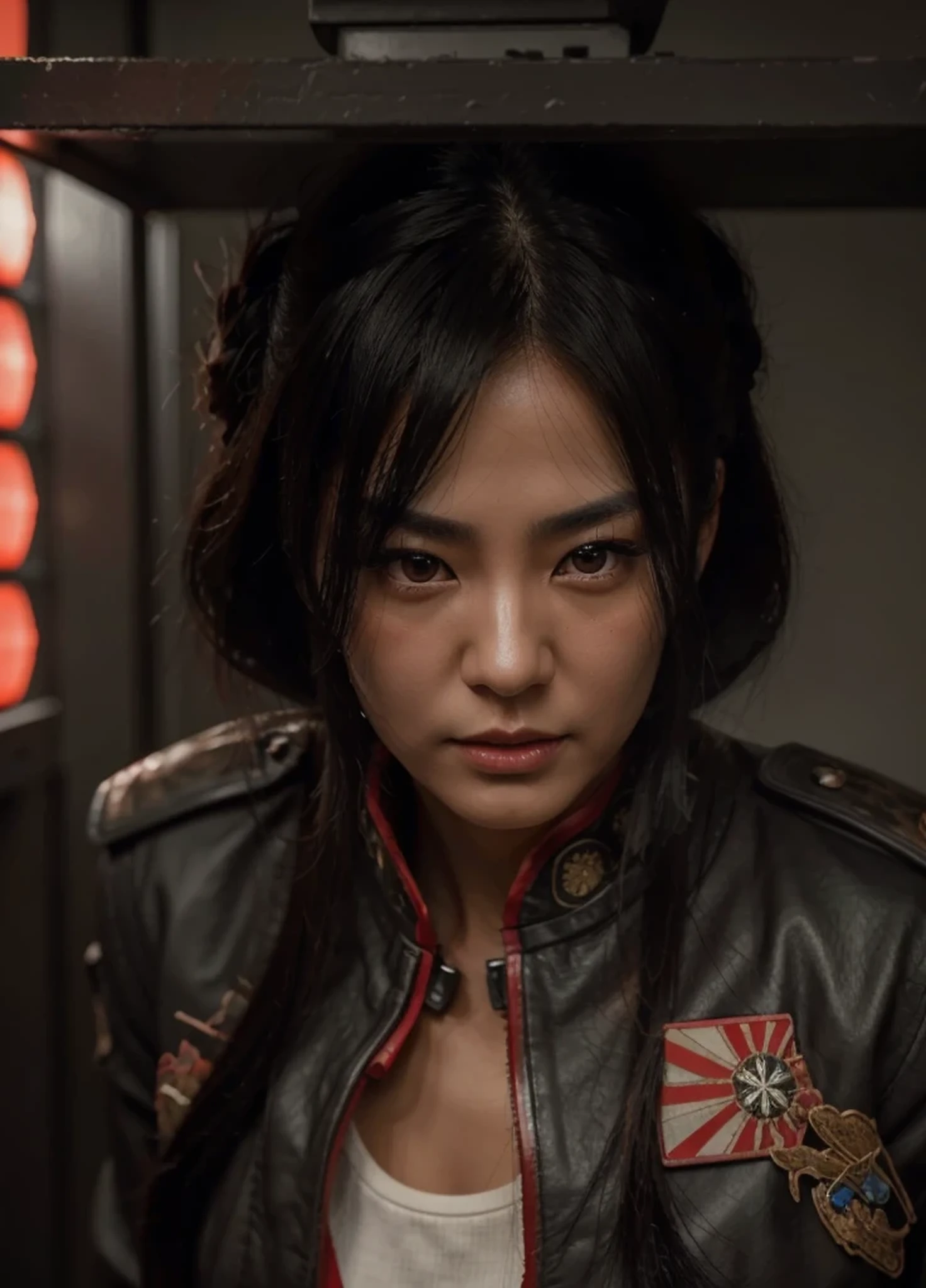Beautiful adult Japanese woman, Beautiful Japanese face with some wrinkles, Black hair taken in Japanese style with some gray hair, black leather military uniform with Japanese symbols, she is in an advanced bunker, with screens, tubes and red lights, 4k, Ultra detailed image , realistic, Highly detailed, perfect composition, splendid, Intricately detailed, Incredibly detailed, 8 k artistic photography, hyper detailed, Masterpiece, Ultra detailed, hyperrealistic, 4k, Ultra detailed image, realistic, Highly detailed, perfect composition, splendid, Intricately detailed, Incredibly detailed, 8K fine art photography, hyper detailed, Masterpiece