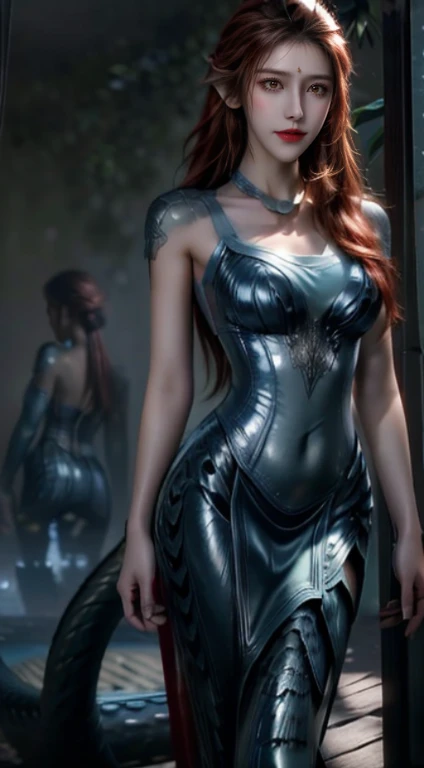 8K UHD,RAW photo,TAWNY NEWSOME,(mermaids:1.2),wearing blue latex outfit uniform(Elongated snake tail:1.3),Red long-haired,The face is delicate,Skin is smooth and delicate,Full breasts,Crystal clear scaleeticulous hands,(see-through gloves),Stand up,(Real Human:1.3),(A high resolution:1.4),(A detailed:1.5),(photorealestic:1.7),RAW photo,Portrait Photogram,RAW photo,超A high resolution,Foto realism,best qualtiy,(highdetailskin,skin detailed),Visible Pore,Shiny skin,tmasterpiece,finedetail,Colorization,Extremely Delicately Beautiful,Extremely detailed 8k wallpaper,8K high quality,Digital SLR,beautifuldetails,(looking at viewert),professional photograph lighting,Faraway view
