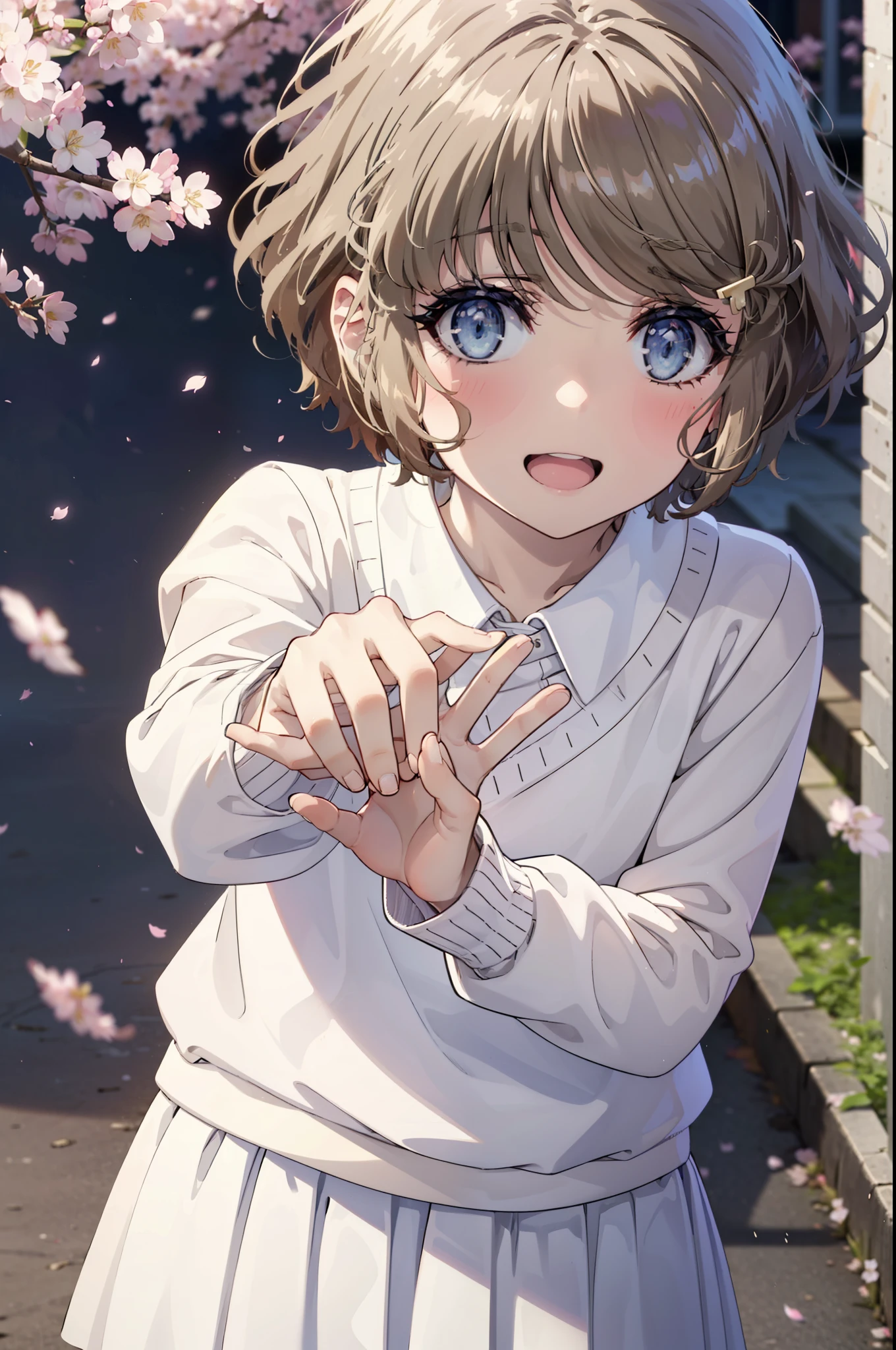 tomoekoga, Chie Koga, short hair, brown hair, blue eyes, Hair Clip,Green Tokkuri Sweater,White long skirt,Mini Boots,blush,smile,happy smile, smile, Open your mouth,Cherry blossoms are blooming,Cherry blossoms are scattered,Cherry blossom tree-lined path,morning,morning陽太陽が登っている,
break outdoors, School School building,
break looking at viewer, (Cowboy Shot:1.5),
break (masterpiece:1.2), highest quality, High resolution, unity 8k wallpaper, (figure:0.8), (Beautiful fine details:1.6), Highly detailed face, Perfect lighting, Highly detailed CG, (Perfect hands, Perfect Anatomy),