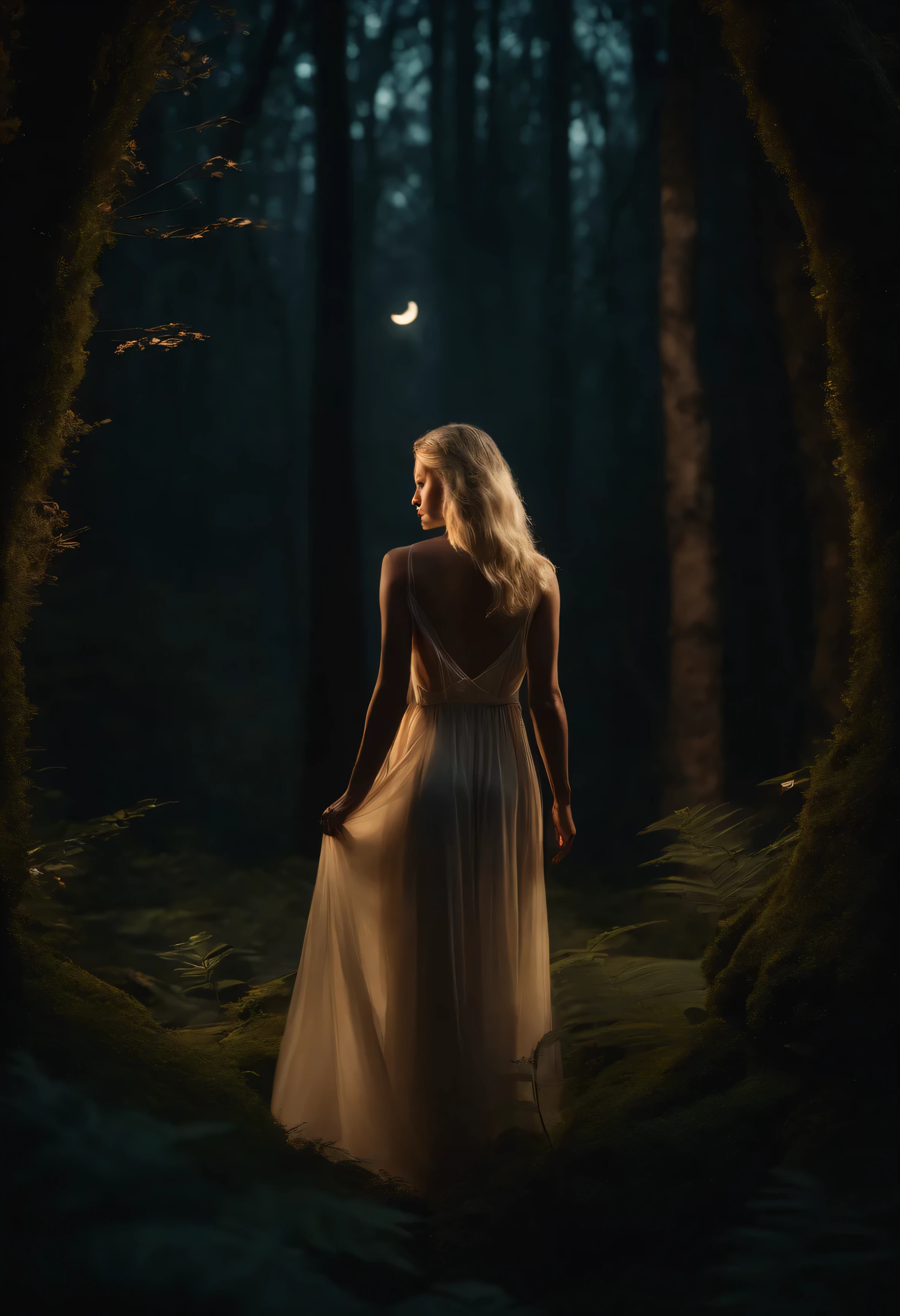 (A naked blonde girl in a dark forest at night),illustration,Detailed trees and leaves, ethereal atmosphere,(best quality,4k,8k,Altas,master part:1.2),vivid colors,soft lighting,beleza natural,silencioso e misterioso,sombras sutis,sereno e calmo,ambiente encantado,magia noturna