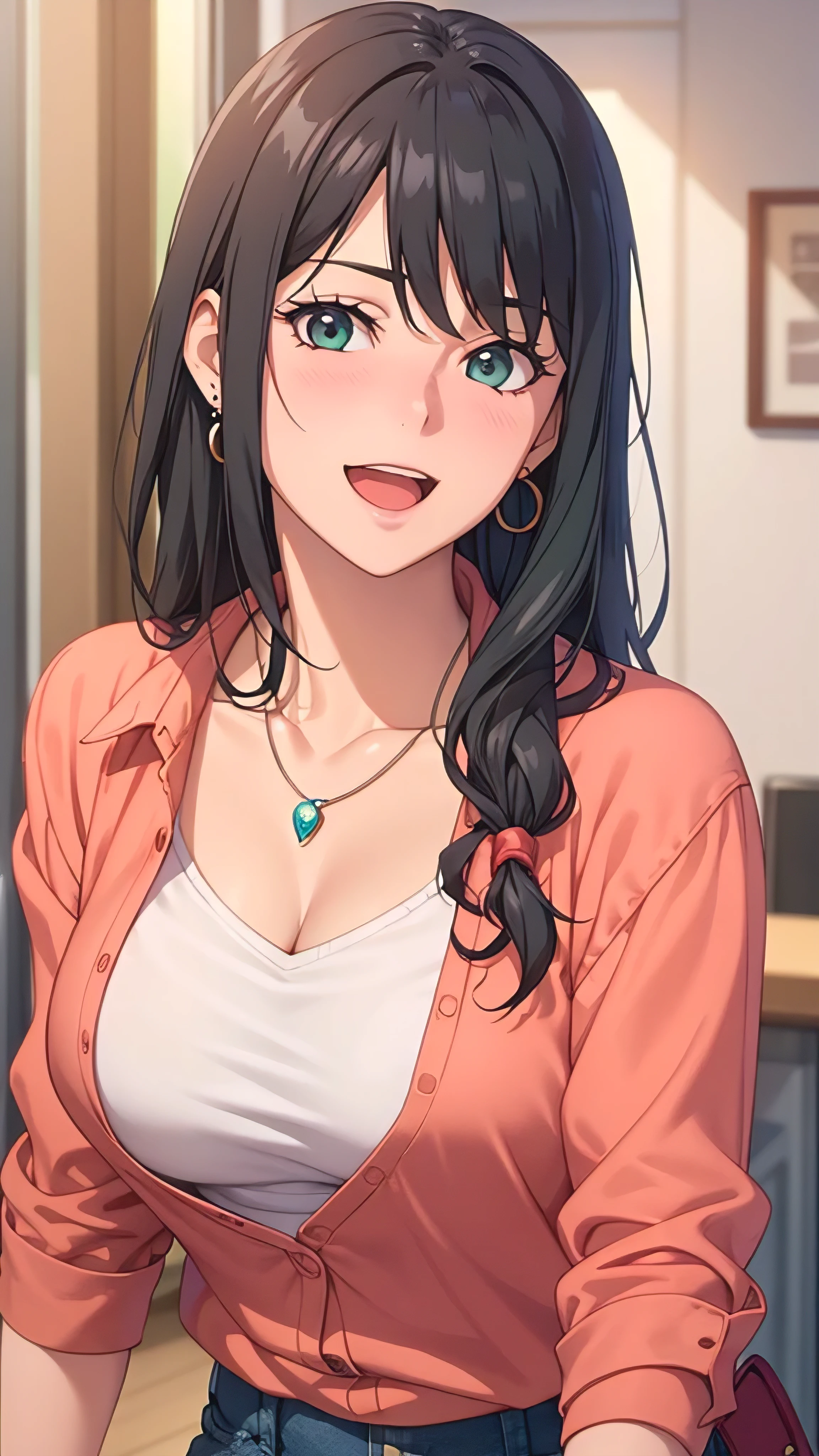 masterpiece, best quality, high resolution, UHD, RTX, pixel perfect, depth of field, 4k, highly detailed, 1 girl, single, solo, beautiful anime girls, beautiful art style, anime characters, long hair, parted bangs, middle part bangs hair, dark black hair, green eyes:1.4, round eyes, beautiful eyelashes, realistic eyes, detailed face, blush:1.2, fine texture:0.75, realistic texture:0.65, photorealistic:1.1, CG anime style, bright color, breasts medium, dynamic angle, perfect body, first point of view, dynamic pose, looking at viewer, wearing red checkered shirt, white t-shirt under red shirt, blue jeans, bra visible through t-shirt, fashionable, single handbag, 1 diamond necklace , cute earrings, warm smile, open mouth, shy, office space, leaning forward