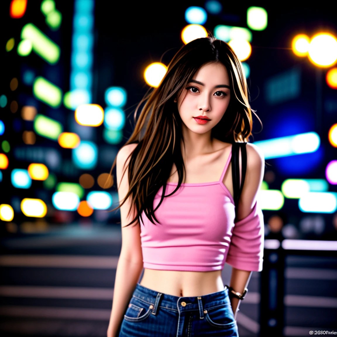 Young Asian woman, 25 years old,Wear a short jean jacket, pink tank top, Long hair blows up in the wind., Looking straight ahead, Action with various seductive poses, Have a strong, perfect stomach., On the city streets at night, 8K photos, Shot with a bright, high-quality Fuji camera. 45,000,000 pixels, Too realistic,