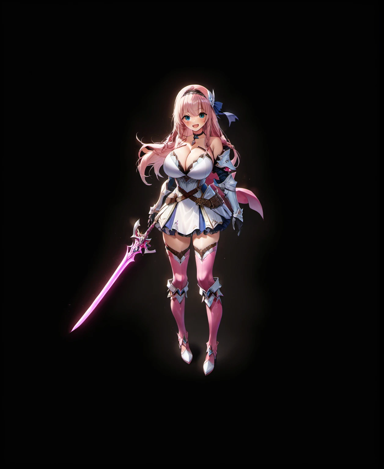 masterpiece, best quality, 1girl, weapon, solo, sword, blue-eyes, long-hair, braid, boots, shield, pink-hair, breasts, twin-braids, smile, open-mouth, cleavage, black-background, choker, large-breasts, full-body, bare-shoulders, looking-at-viewer, simple-background, hairband, blush, armor, gloves, dress, knee-boots, medium-breasts, standing, ((Perfect-face))