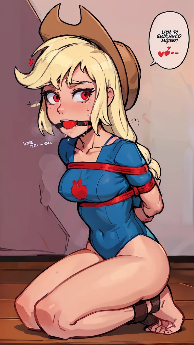 Applejack, low-tied long hair, mlpapplejack, cowboy hat, nude, nude, frown, tetas medianas, gagged, bondage shibari, manos y brazos atados, bdsm, Arms tied behind the back, arms behind the back, Arms tied behind the back, muslos atados, patas atadas, Gagged, bound arms, arms behind back, de frente, Ball Gag, bdsm,bondage, gagged, sitting position, Kneeling position, in the room, ball gag color roja, gag de correas, viendo hacia el espectador, looking towards the camera, shrimp position, babear, babeando, saliva en la gag, basement, sonrojada, en celo, patas atadas, pies atados, labios pintados de color rojo, POV, mano acariciando la cabeza, piernas abiertas, piernas atadas, globos de texto, ((3 comic panels, comic page, Speech bubble + Habla flecha (symbol)+ japanese comic book, burbuja + signos de exclamacion dentro de una burbuja de texto )), recuadros de texto, 3 panels Japanese comic and manga style, 3 paneles de diferentes perspectivas, fist-shaped hands, cum, wet pussy, Pussy dripping, very wet pussy
