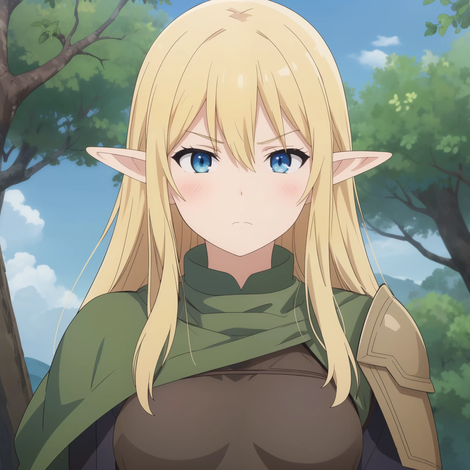 high quality, masterpiece. elf girl. Blonde hair. gloomy face. Blue eyes. green raincoat, Leather brown armor. against the background of the forest and the sky.