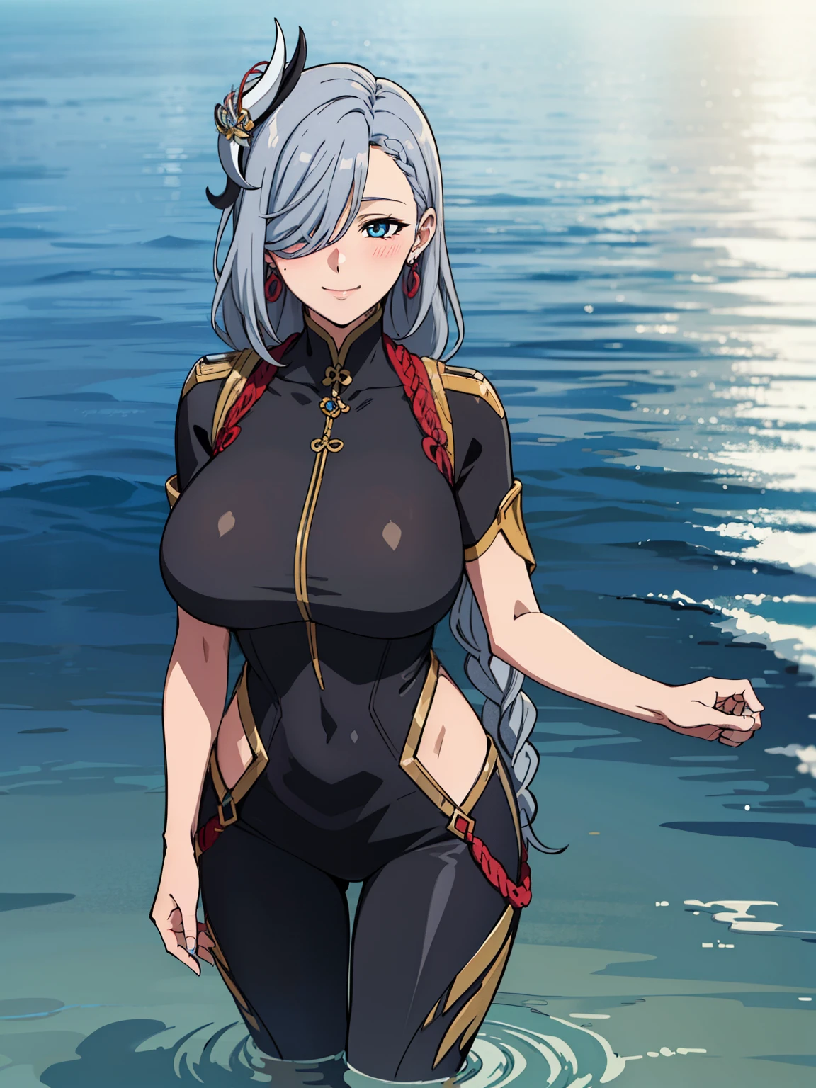 bathing, half body on water, earrings, braided hair, bodysuit, hip vent, (sea background), ShenheV4, anime cels style, best quality, high resolution, 1girl, (huge breasts:1.2), beautiful face, grey hair, long hair, hair ornament, (hair over one eye), blue eye, cowboy shot, smiling, blushing