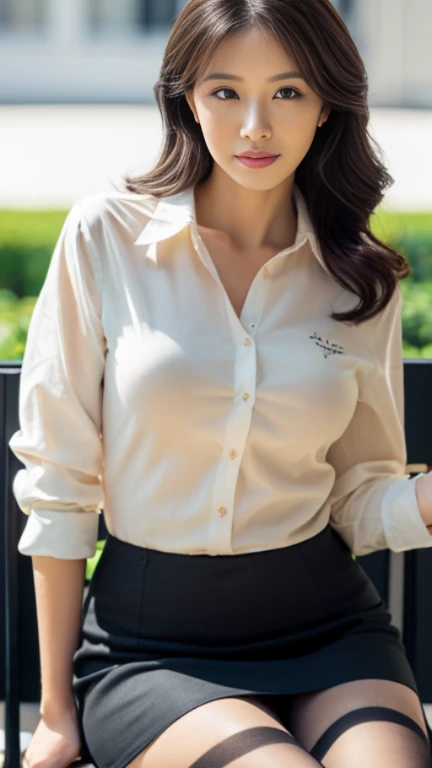 highest quality,Best image quality,Ultra-high resolution,8K,(Hyperrealism:1.1),High saturation,(Realistic:1.2),Accurate anatomy,Depth of written boundary,Ideal Body,Adult women,Japanese,cute,Adult expression,Adult sex appeal,long black wavy hair,(Droopy eyes:1.2),slightly thick lips,(D cup breasts:1.2),Soft Breasts,Rounded ass,big butt,Realistic Skin,(sunburned:1.4),(Wheat skin:1.4),Height: 164cm,The whole body is visible,(secretary:1.4),(女性のsecretaryと男性の社長:1.4),(woman is standing:1.4),(Man sitting on a chair:1.4),(One woman and one man:1.4),(Holding a file in his left hand:1.2),(Holding a pen in his right hand:1.2),President&#39;s office,(Dark beige tight skirt:1.2),(Slit in skirt:1.2),(White buttoned blouse:1.2),(Black jacket:1.2),(Black fine-grained stockings:1.2),(Black Stockings:1.2),