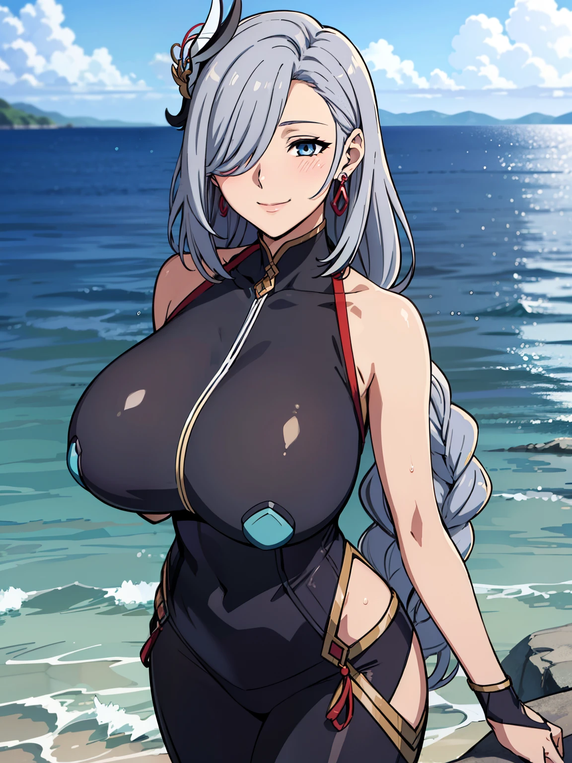 bathing, half body on water, earrings, braided hair, bodysuit, hip vent, (sea background), ShenheV4, anime cels style, best quality, high resolution, 1girl, (huge breasts:1.2), beautiful face, grey hair, long hair, hair ornament, (hair over one eye), blue eye, cowboy shot, smiling, blushing