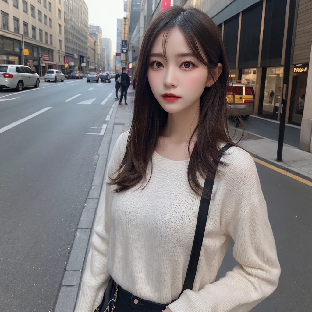 woman, (Realistic), (Hyperrealism), (photoRealistic), Depth of written boundary, eye make up:0.5, (Upper Body:1.2), (Tight waist:0.7), Watching the audience, Casual clothing, On the city streets, alone