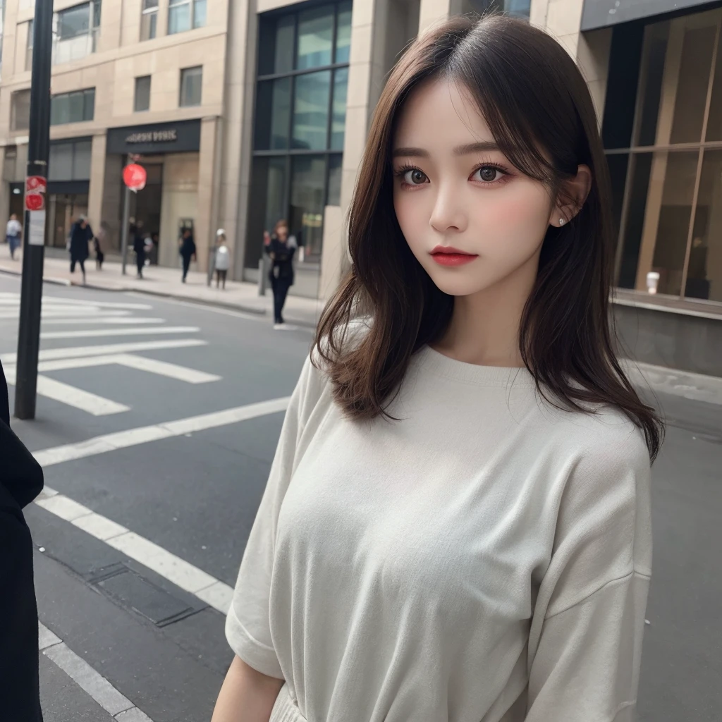 woman, (Realistic), (Hyperrealism), (photoRealistic), Depth of written boundary, eye make up:0.5, (Upper Body:1.2), (Tight waist:0.7), Watching the audience, Casual clothing, On the city streets, alone