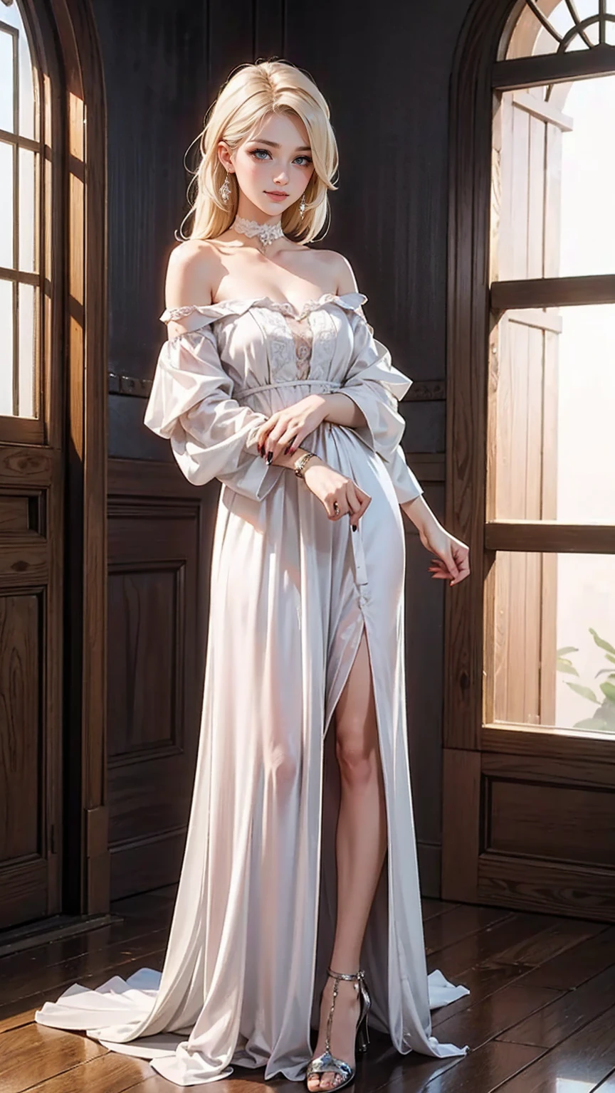(最high quality:1.1), (masterpiece:1.2), (Real:1.2), (be familiar with:1.1), (fine skin:1), (high definition facial skin:1.1), (Realistic iris:1.1), (Realistic students:1.1), ((最high quality, 8K, masterpiece: 1.3, Ultra HD, high quality, 最high quality, High resolution, realism)) 、25-year-old Caucasian female、Platinum Blonde、blue eyes、long hair、Hair above one eye、slender、slenderだがアスリートのような細マッチョな身体、I want my head to stay off screen、Wear accessories on your wrist、Wearing red nail polish、I have a peticure、Wear an off-shoulder one-length dress、lace decoration、Super High Leg、Wear stiletto heels、Cross one's arms、put on a lace choker、smile